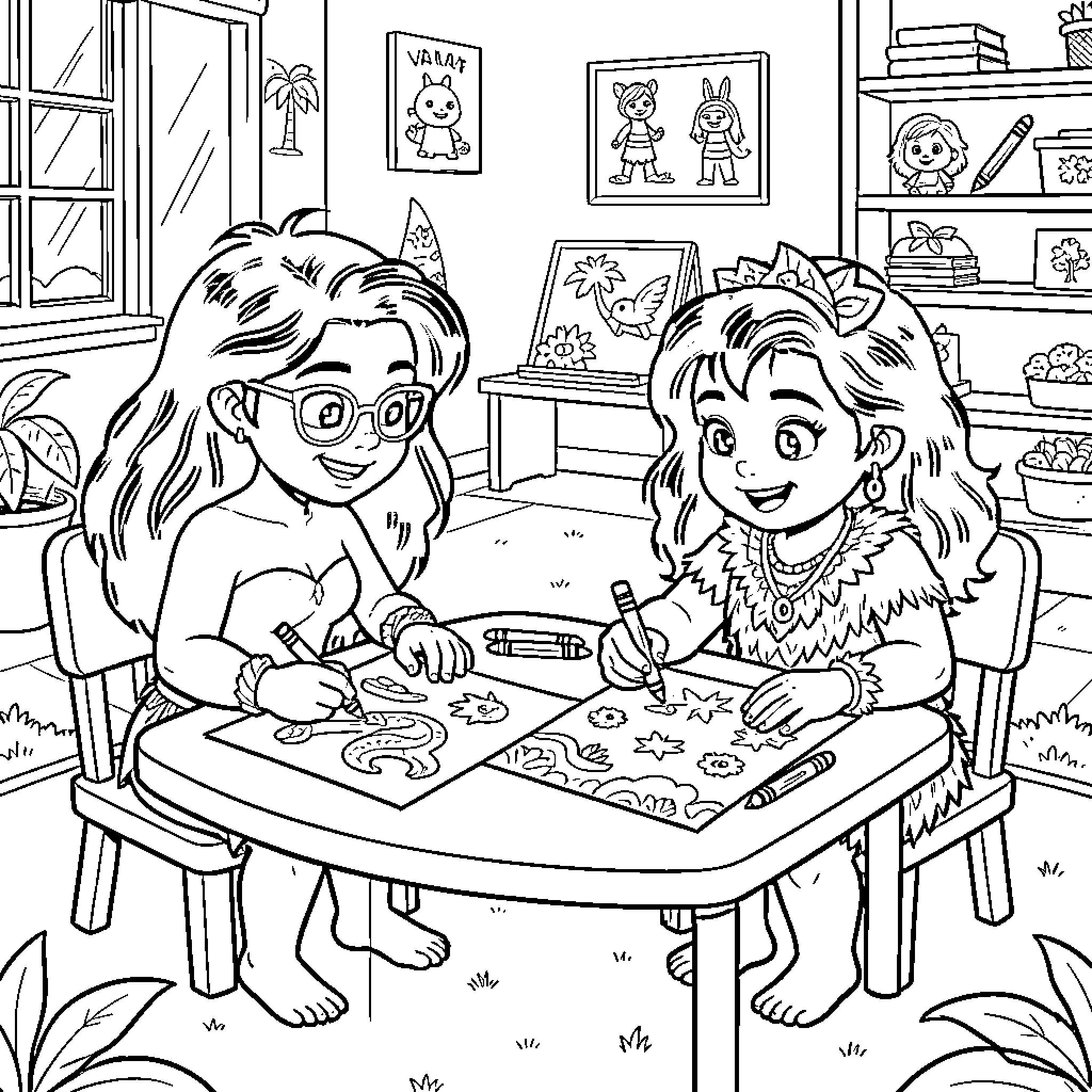 Vaiana and friend creating art together in cozy room Coloring Page (free black-and-white line drawing printable PDF for all, from beginners to advanced learners, including children, teens, adults, and seniors)
