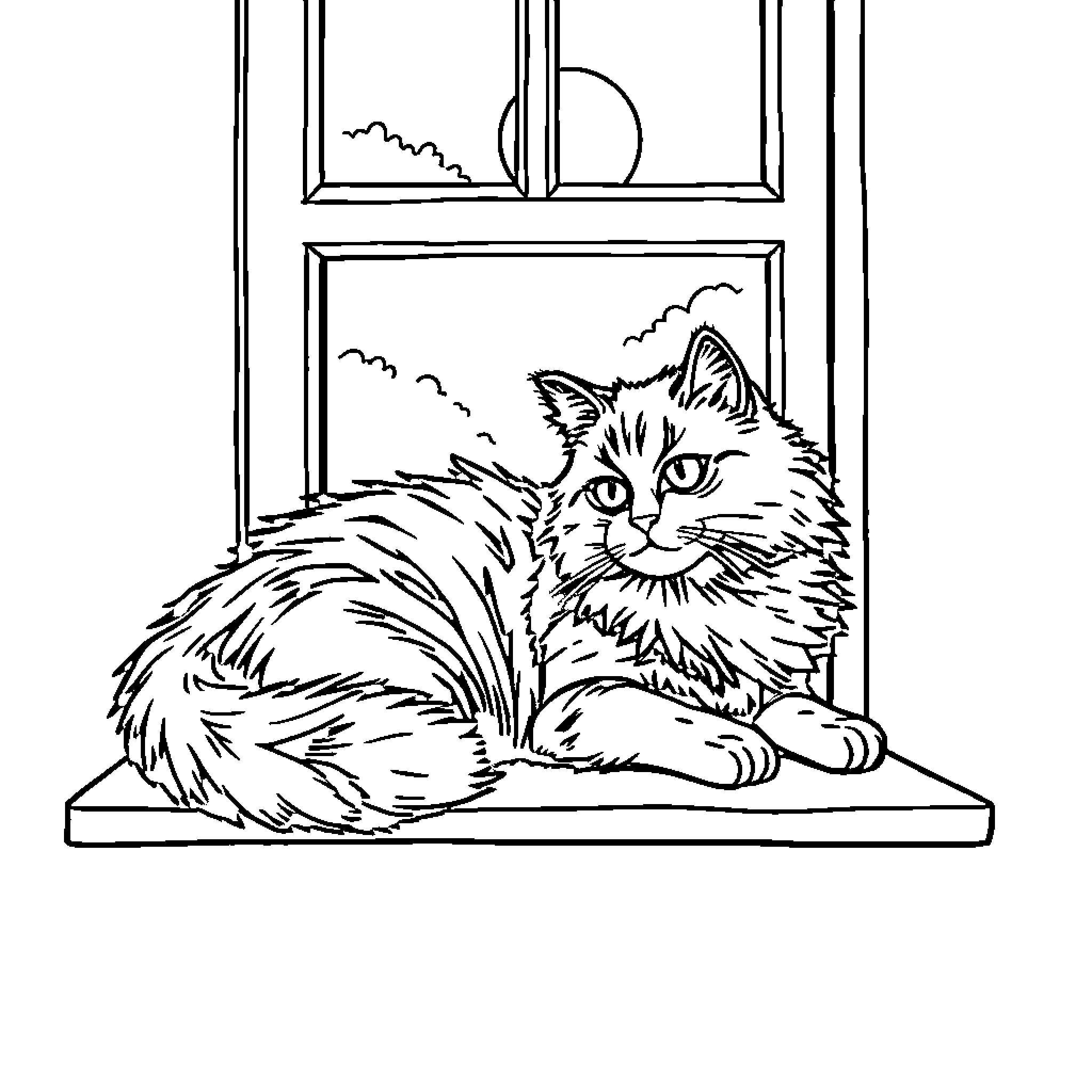 Cat sitting calmly by the window Coloring Page (free black-and-white line drawing printable PDF for all, from beginners to advanced learners, including children, teens, adults, and seniors)