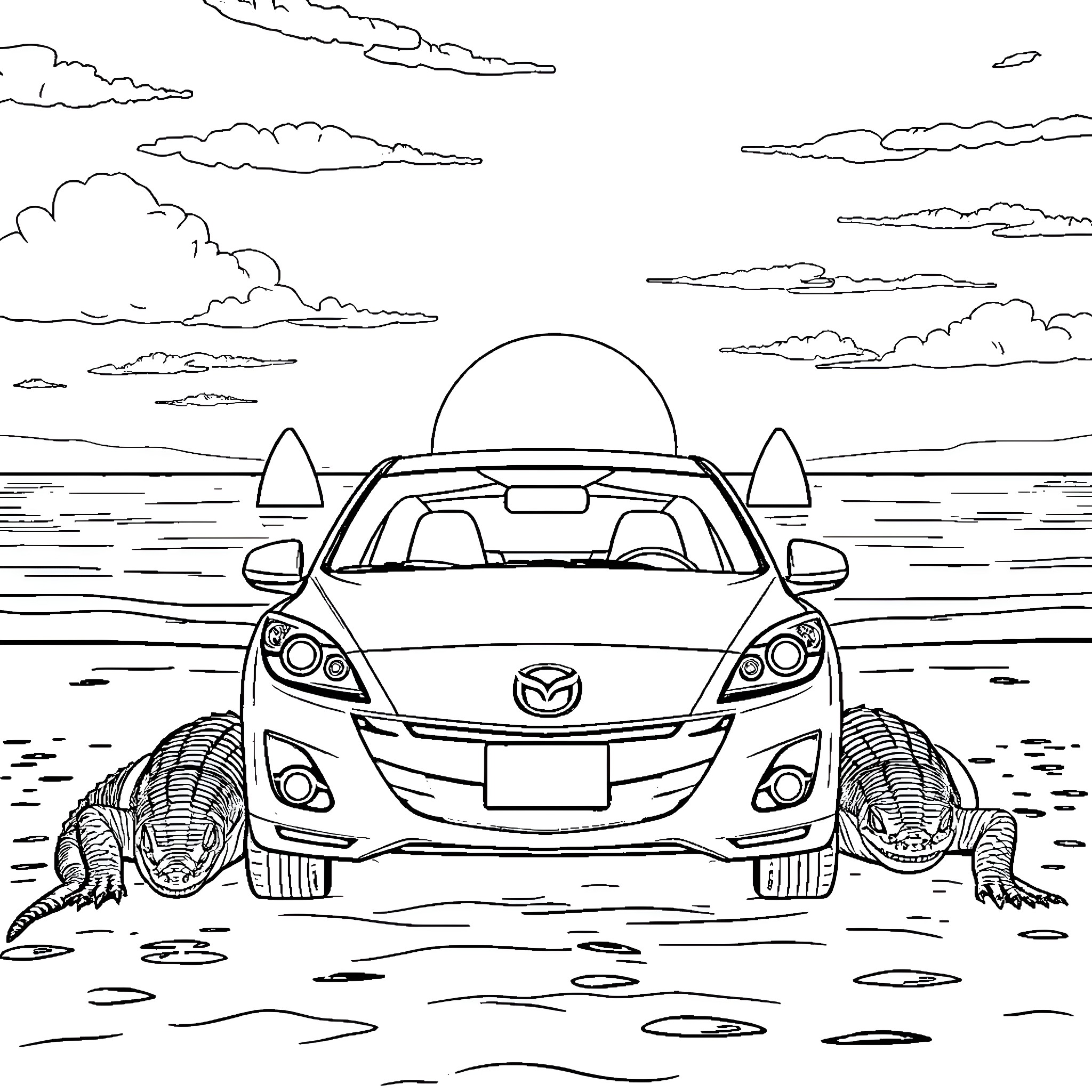 Mazda 3 navigating through the wild nature landscape Coloring Page (free black-and-white line drawing printable PDF for all, from beginners to advanced learners, including children, teens, adults, and seniors)
