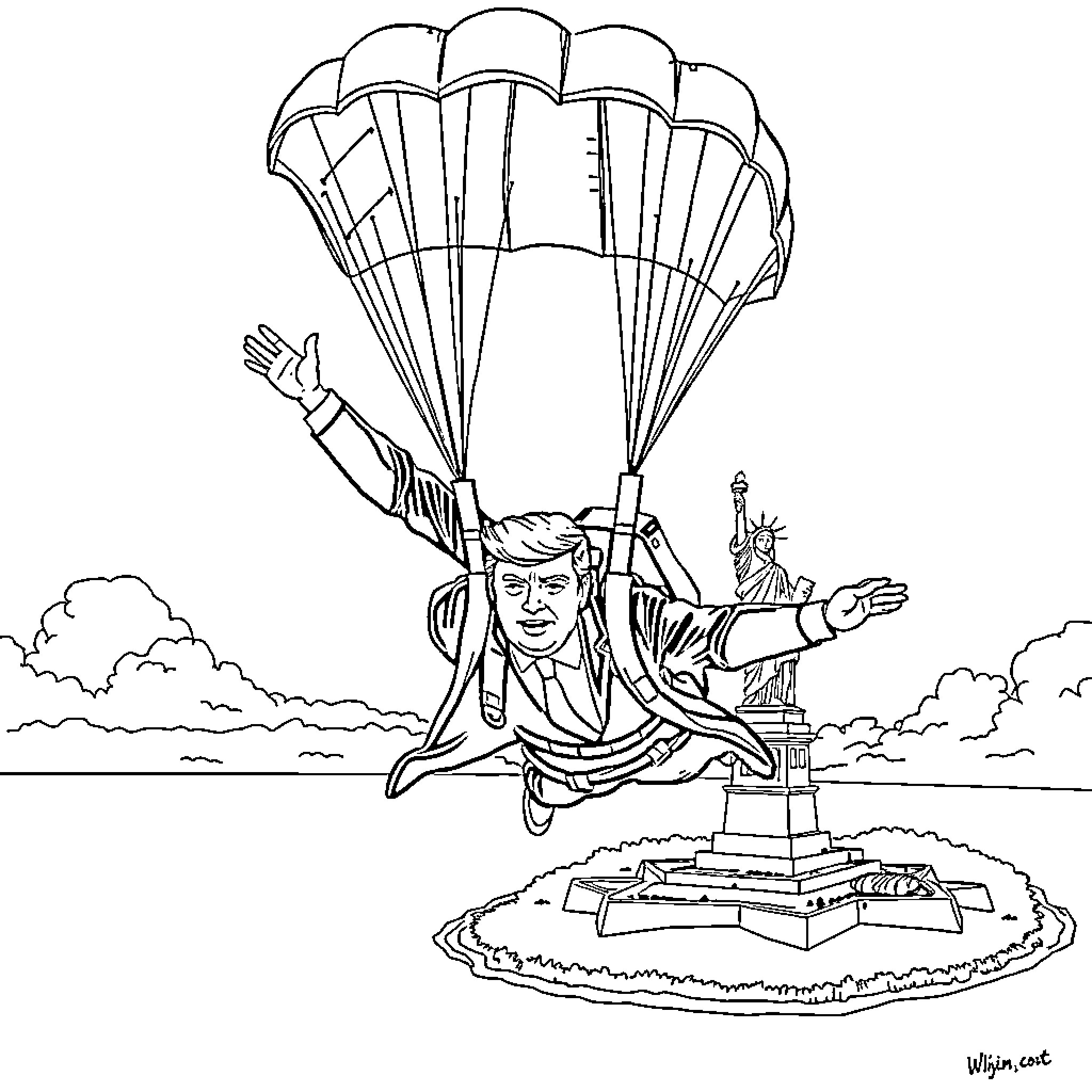 Donald Trump Parachuting Over Statue of Liberty Coloring Page (free black-and-white line drawing printable PDF for all, from beginners to advanced learners, including children, teens, adults, and seniors)