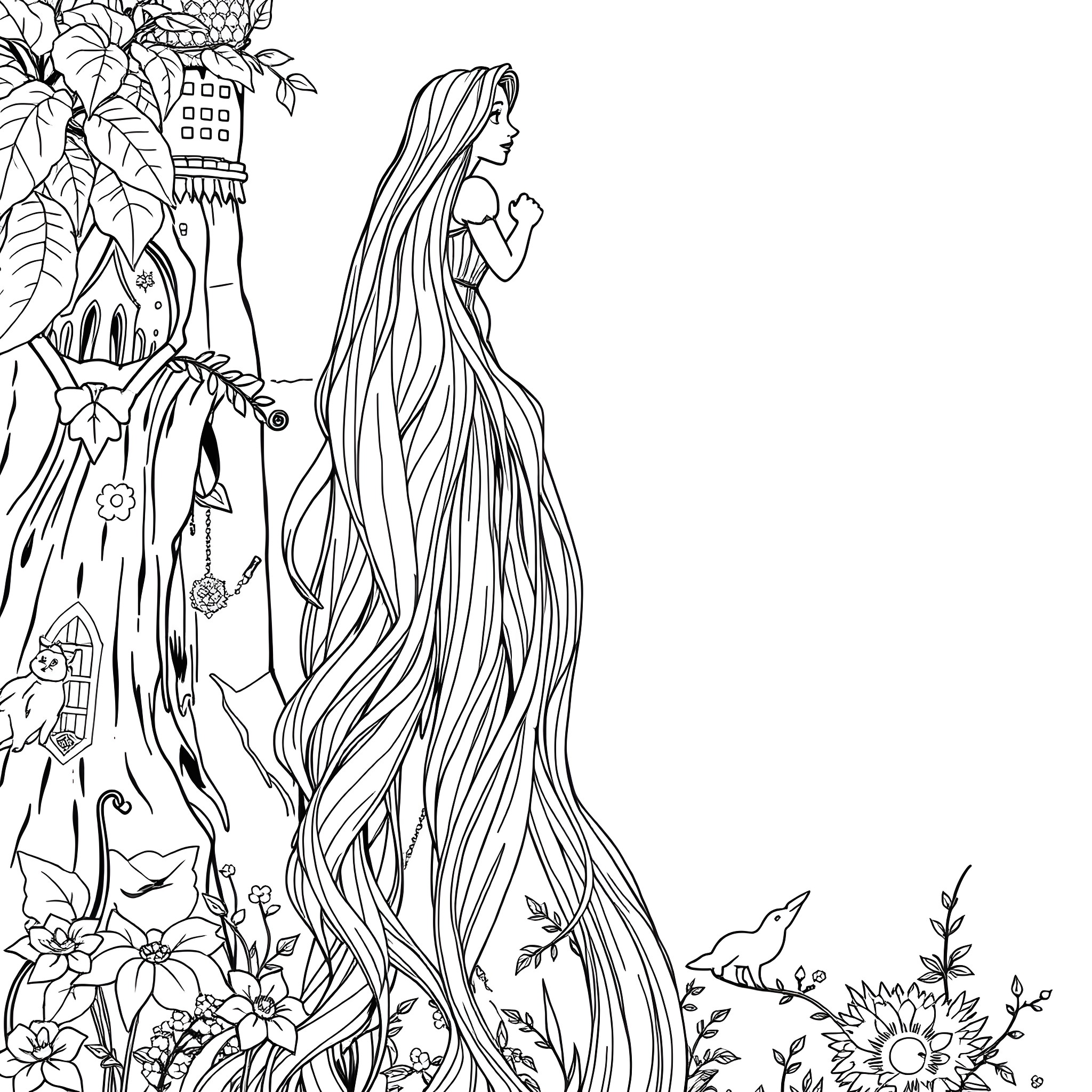 Rapunzel's enchanting journey through a magical forest Coloring Page (free black-and-white line drawing printable PDF for all, from beginners to advanced learners, including children, teens, adults, and seniors)