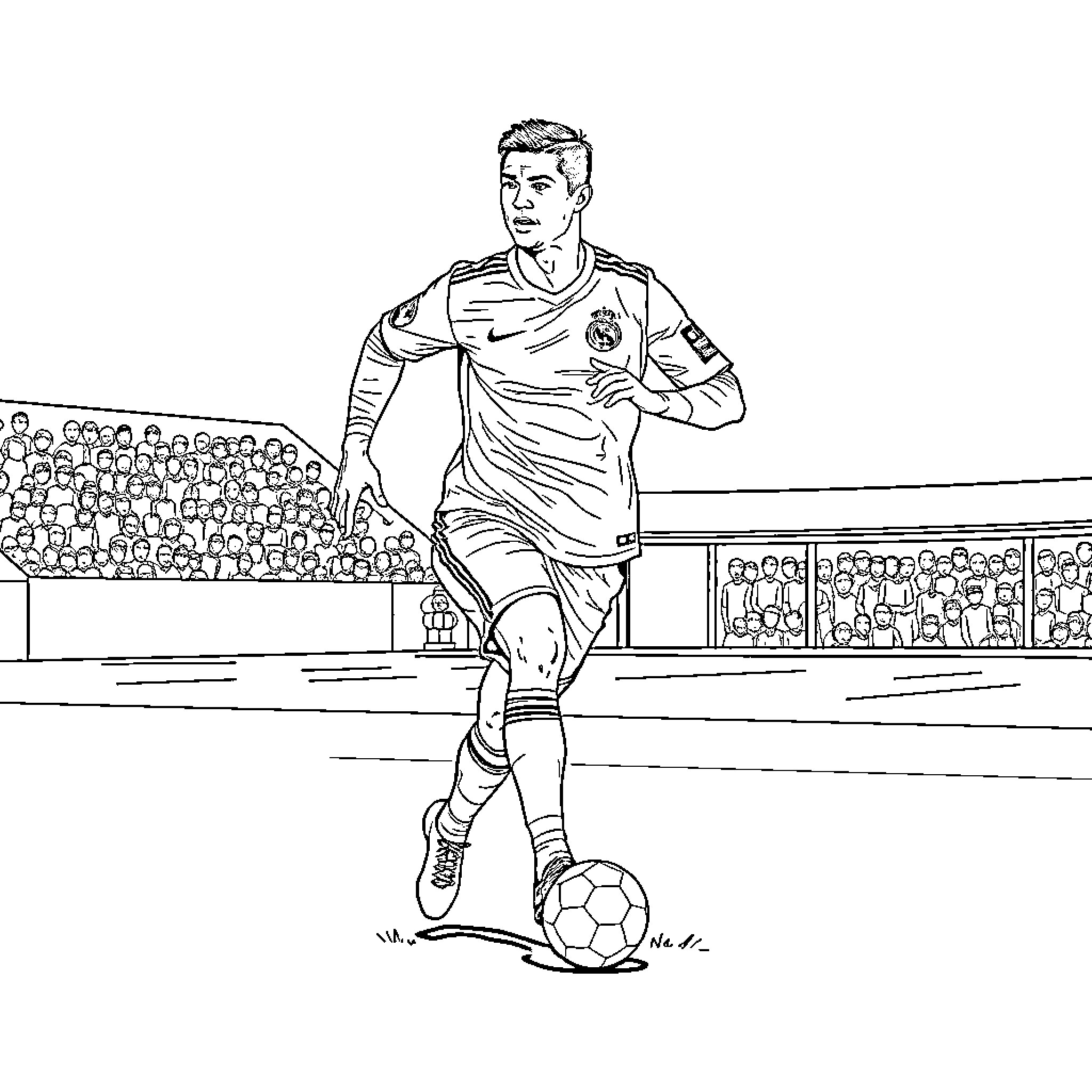 Cristiano Ronaldo in action on the soccer field Coloring Page (free black-and-white line drawing printable PDF for all, from beginners to advanced learners, including children, teens, adults, and seniors)