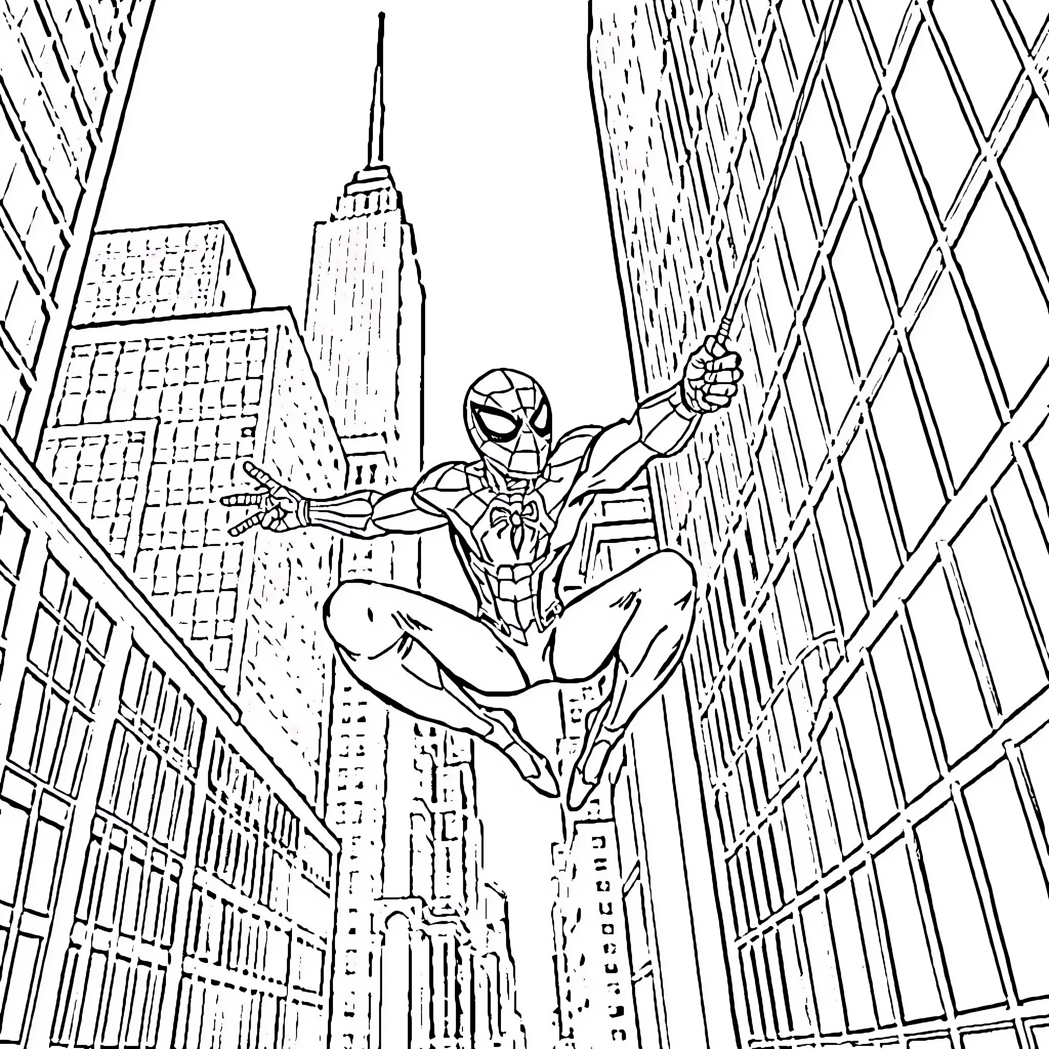 Spider-Man swinging through the city skyline Coloring Page (free black-and-white line drawing printable PDF for all, from beginners to advanced learners, including children, teens, adults, and seniors)