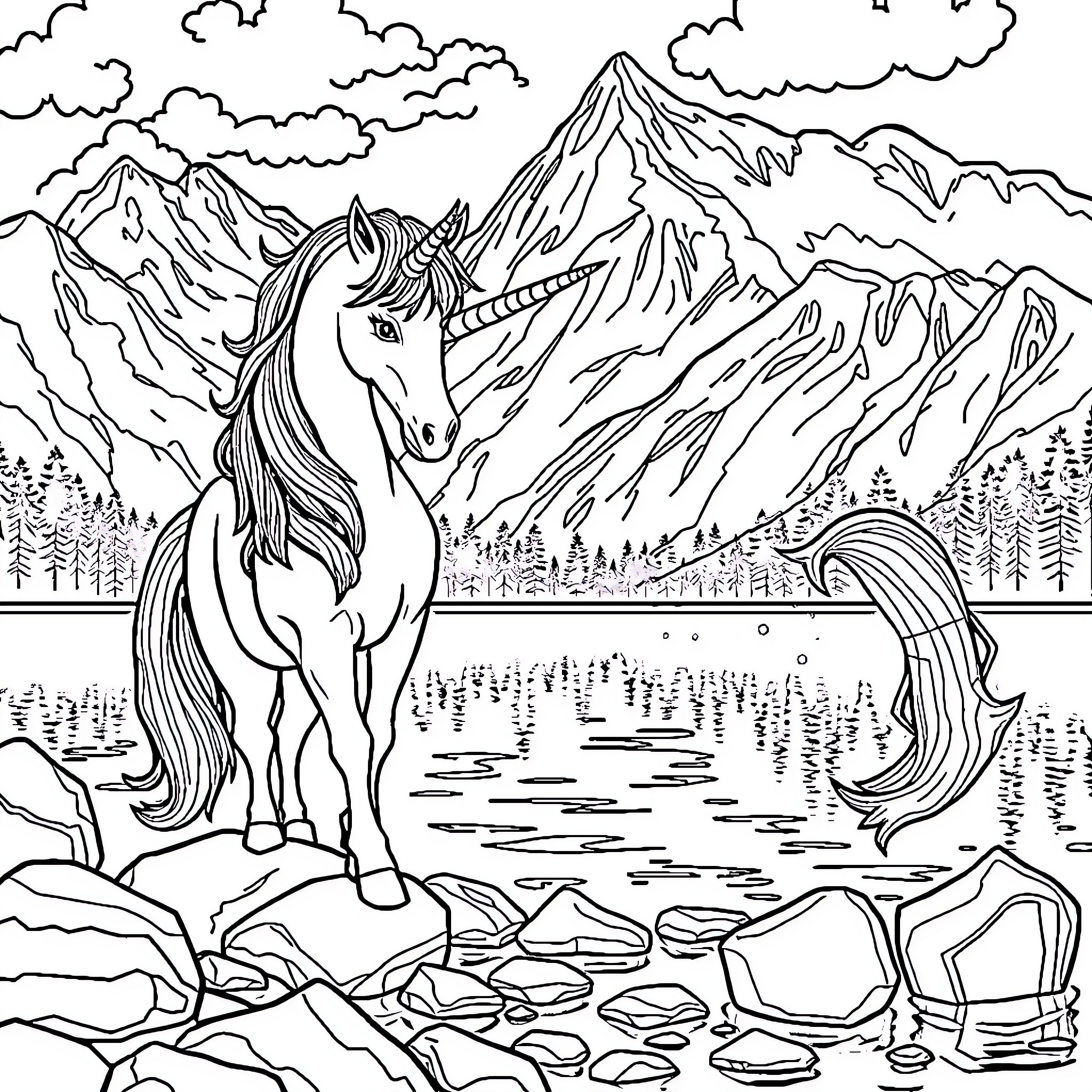 Unicorn by the Serene Lake in the Mountains Coloring Page (free black-and-white line drawing printable PDF for all, from beginners to advanced learners, including children, teens, adults, and seniors)