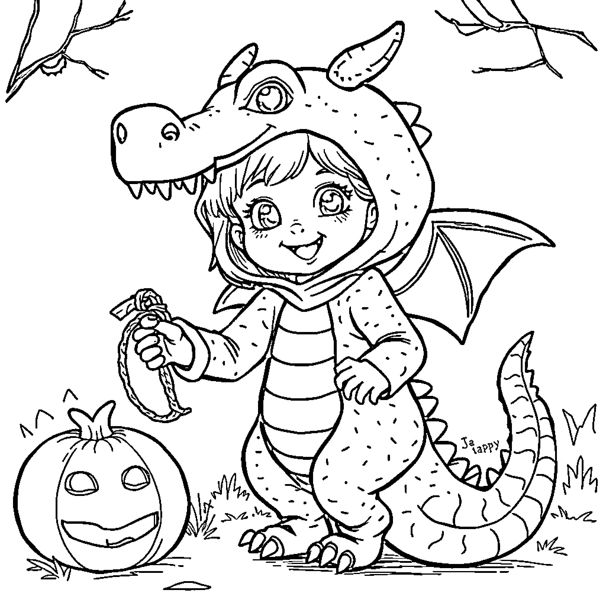 Girl playing dress-up as a dragon with pumpkin Coloring Page (free black-and-white line drawing printable PDF for all, from beginners to advanced learners, including children, teens, adults, and seniors)
