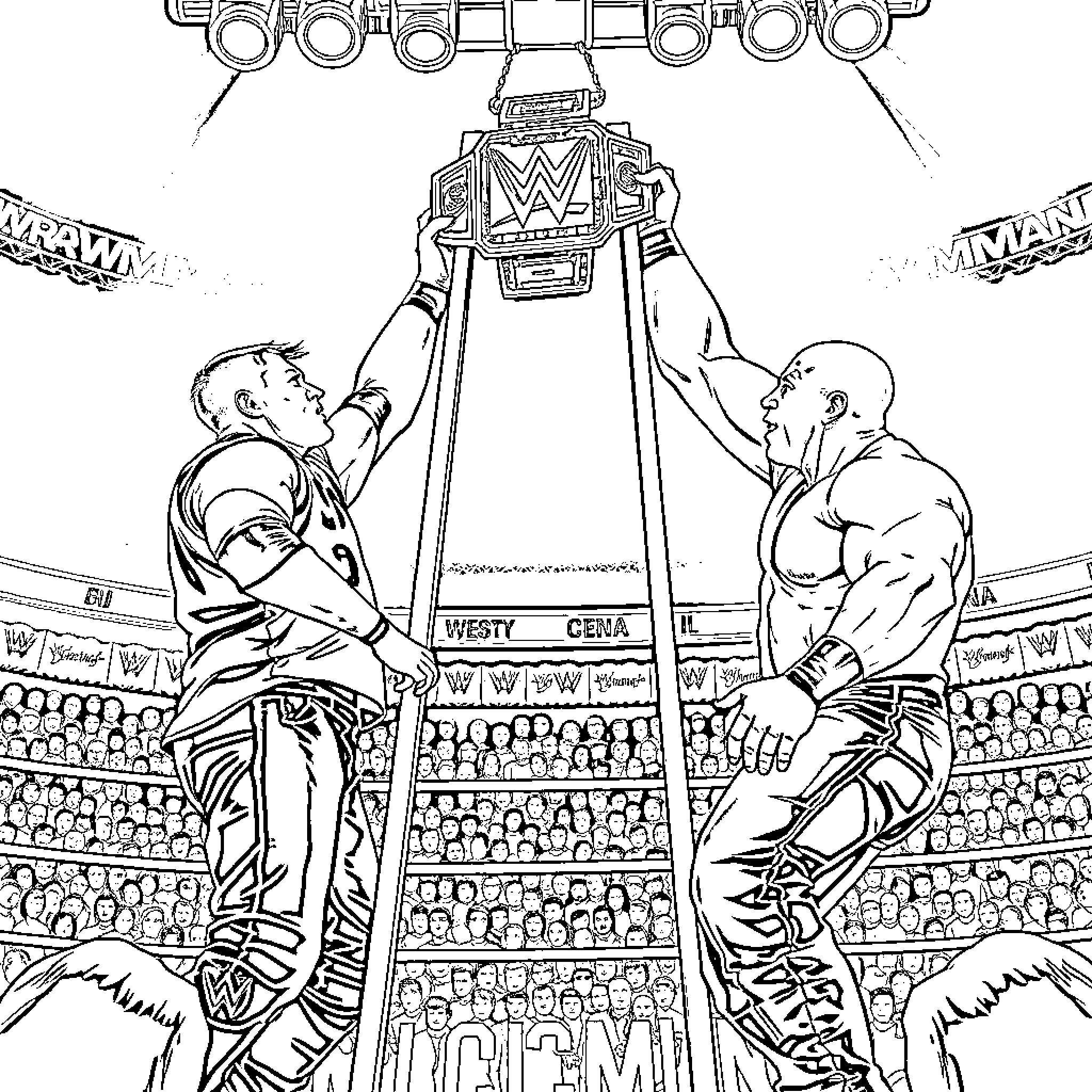 John Cena wrestling against opponent in championship match Coloring Page (free black-and-white line drawing printable PDF for all, from beginners to advanced learners, including children, teens, adults, and seniors)