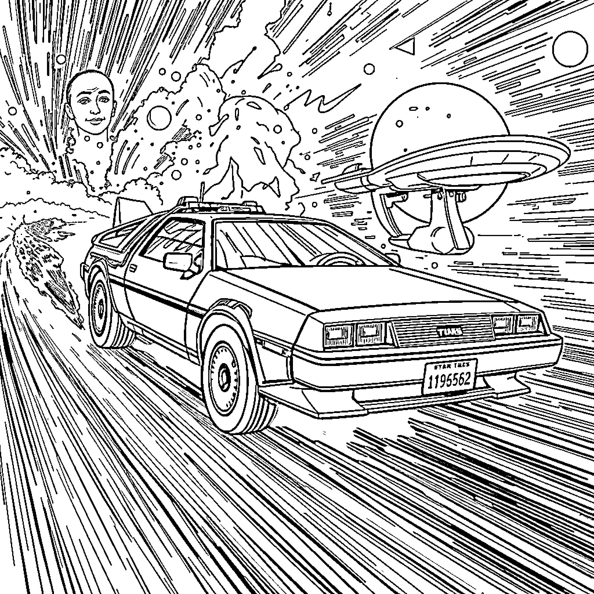 DeLorean time travel through a cosmic explosion Coloring Page (free black-and-white line drawing printable PDF for all, from beginners to advanced learners, including children, teens, adults, and seniors)