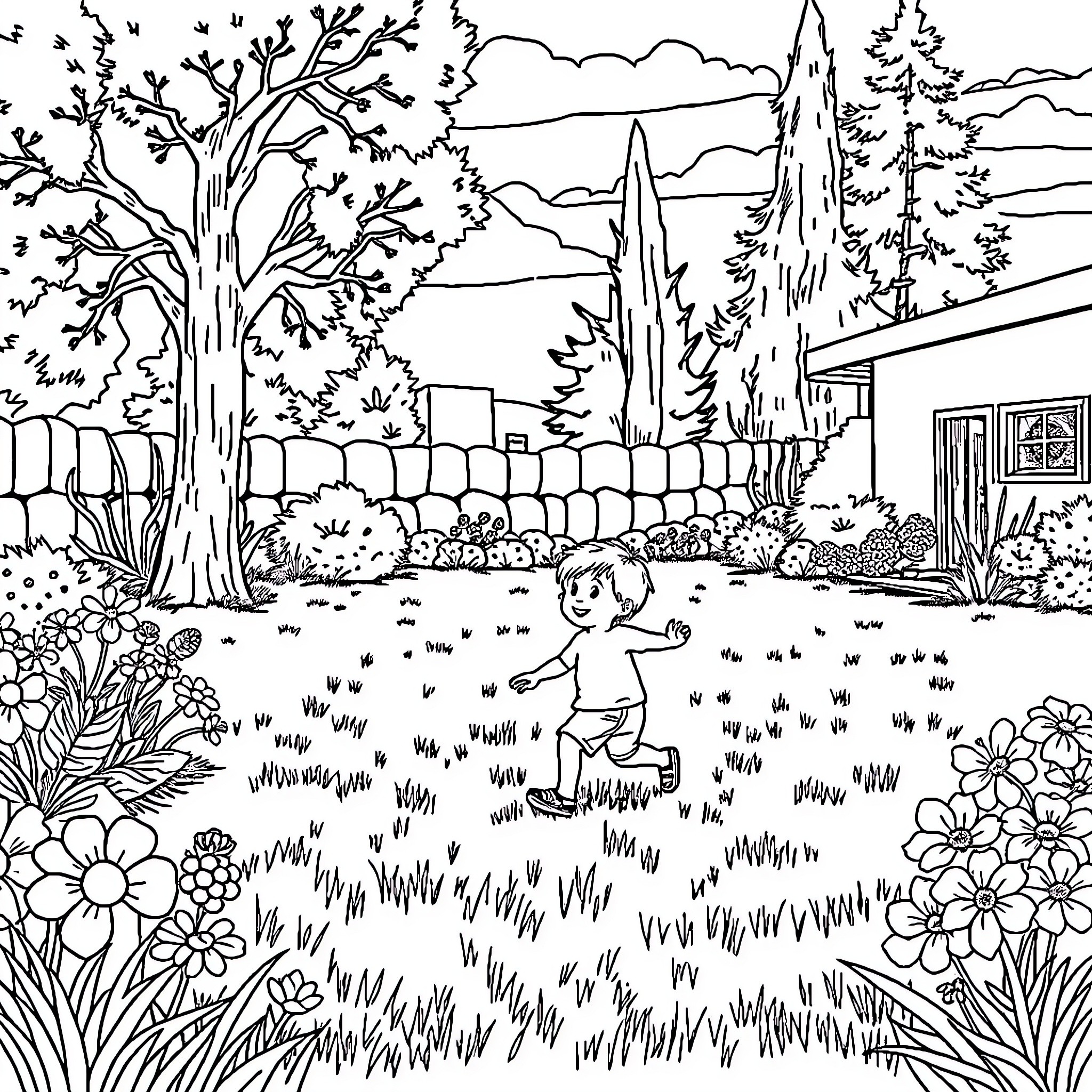 Kid playing in the lush garden Coloring Page (free black-and-white line drawing printable PDF for all, from beginners to advanced learners, including children, teens, adults, and seniors)