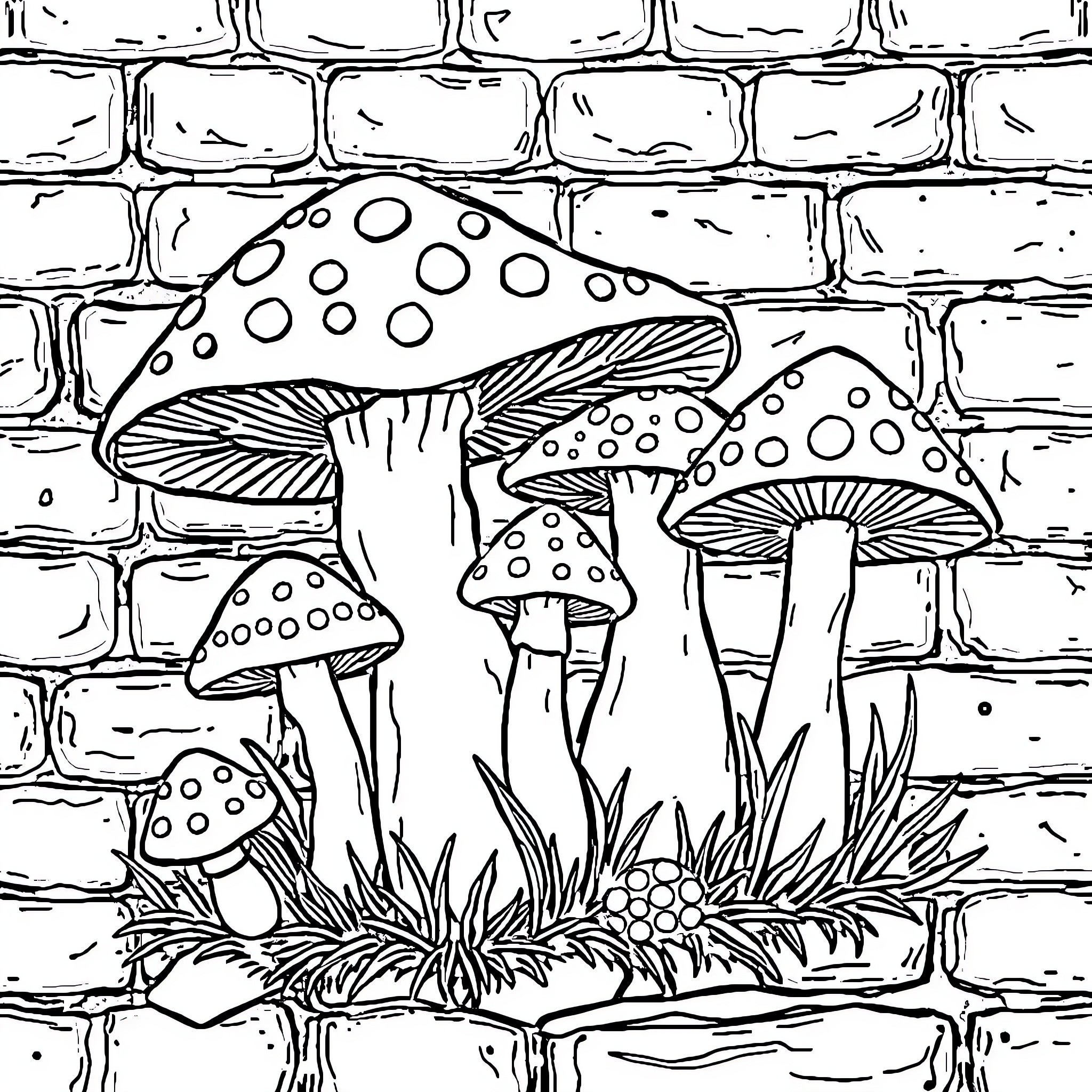 Mushroom Wonderland on Brick Wall Coloring Page (free black-and-white line drawing printable PDF for all, from beginners to advanced learners, including children, teens, adults, and seniors)