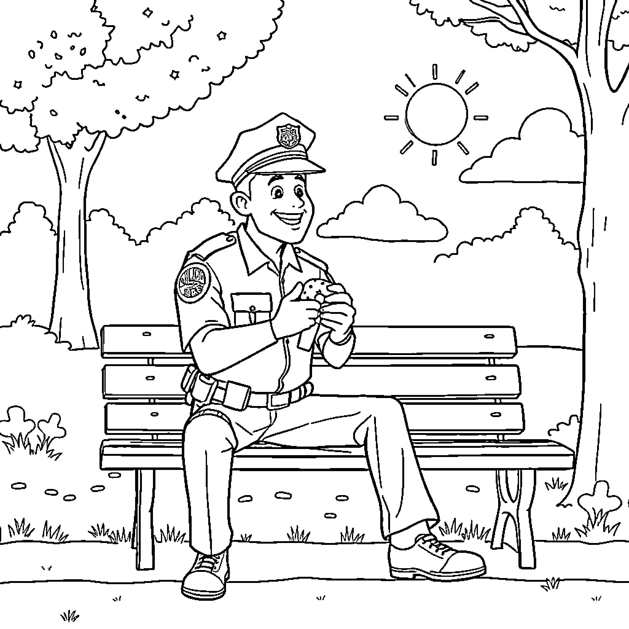 Police Officer Resting on Bench in Nature Coloring Page (free black-and-white line drawing printable PDF for all, from beginners to advanced learners, including children, teens, adults, and seniors)