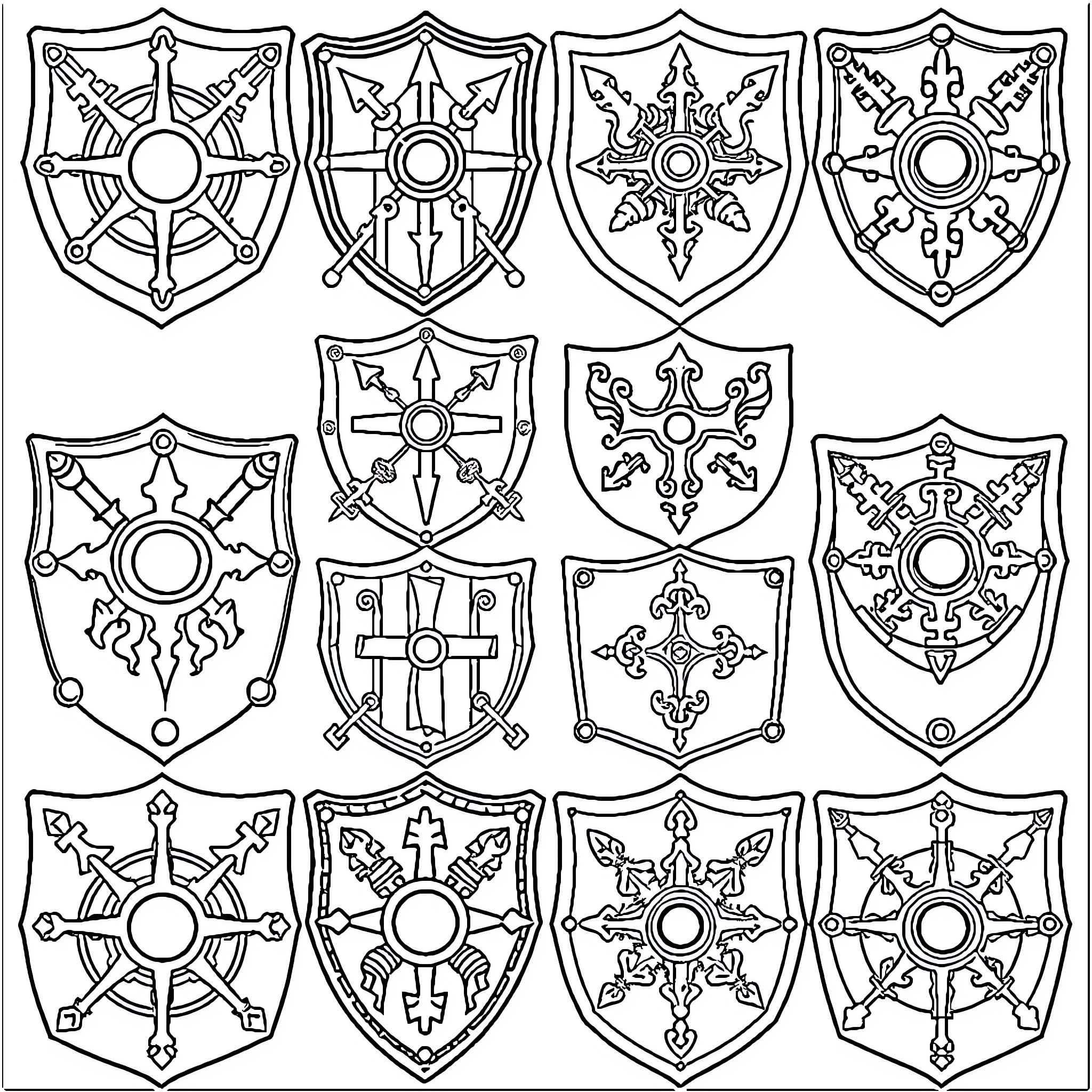 Viking Shield Designs with Intricate Patterns and Symbols Coloring Page (free black-and-white line drawing printable PDF for all, from beginners to advanced learners, including children, teens, adults, and seniors)