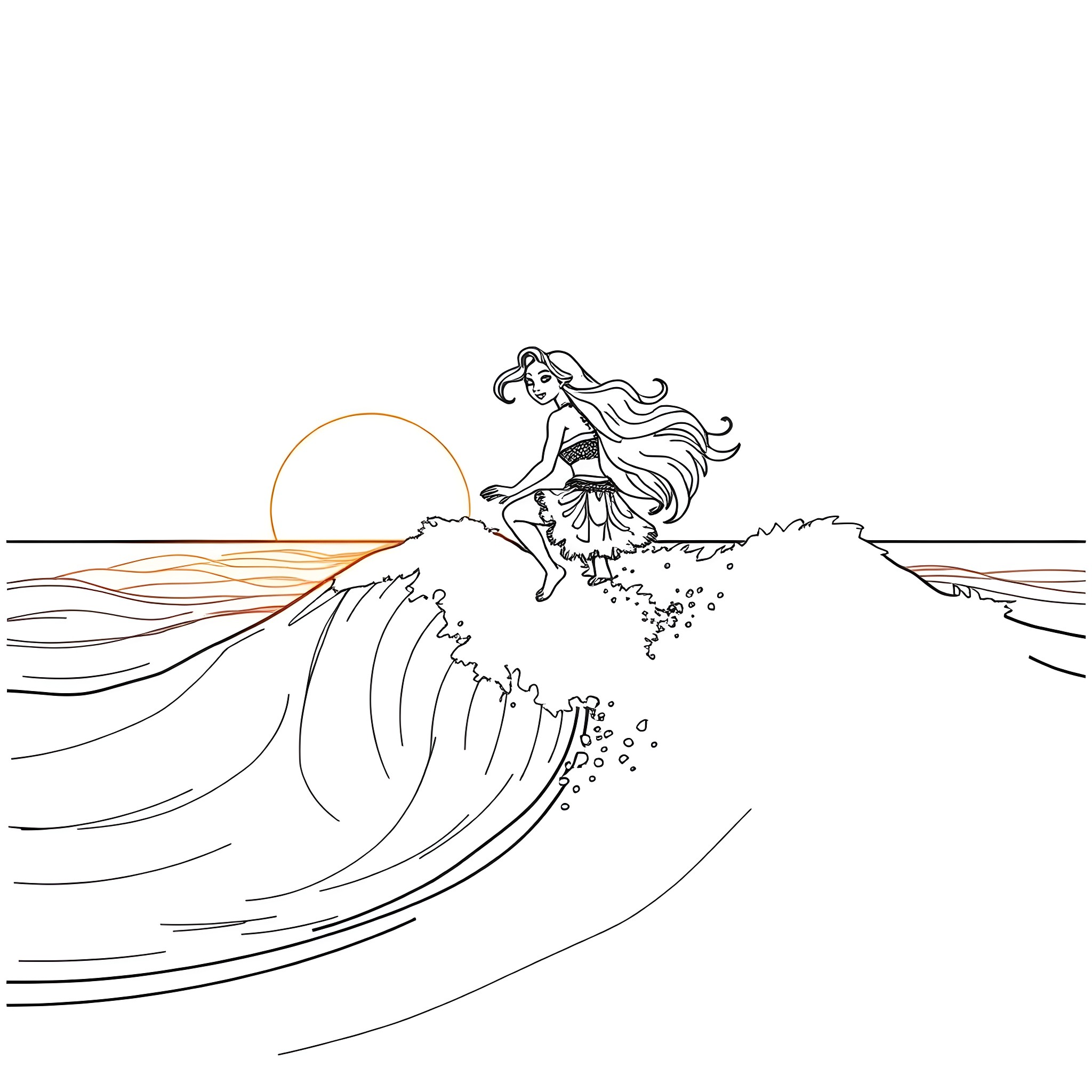 Moana running over the waves at sunset Coloring Page (free black-and-white line drawing printable PDF for all, from beginners to advanced learners, including children, teens, adults, and seniors)