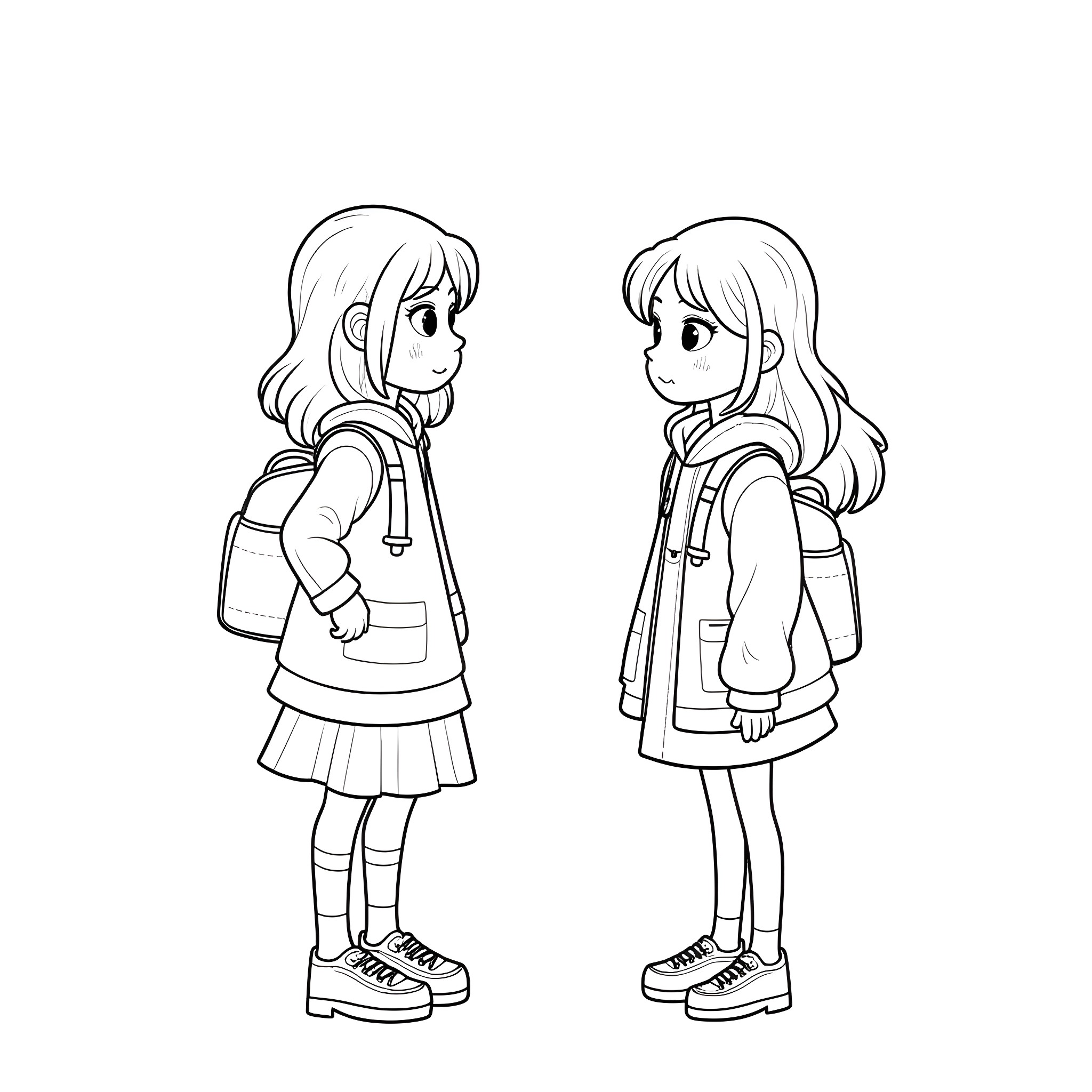 Girl in school uniform and backpack Coloring Page (free black-and-white line drawing printable PDF for all, from beginners to advanced learners, including children, teens, adults, and seniors)