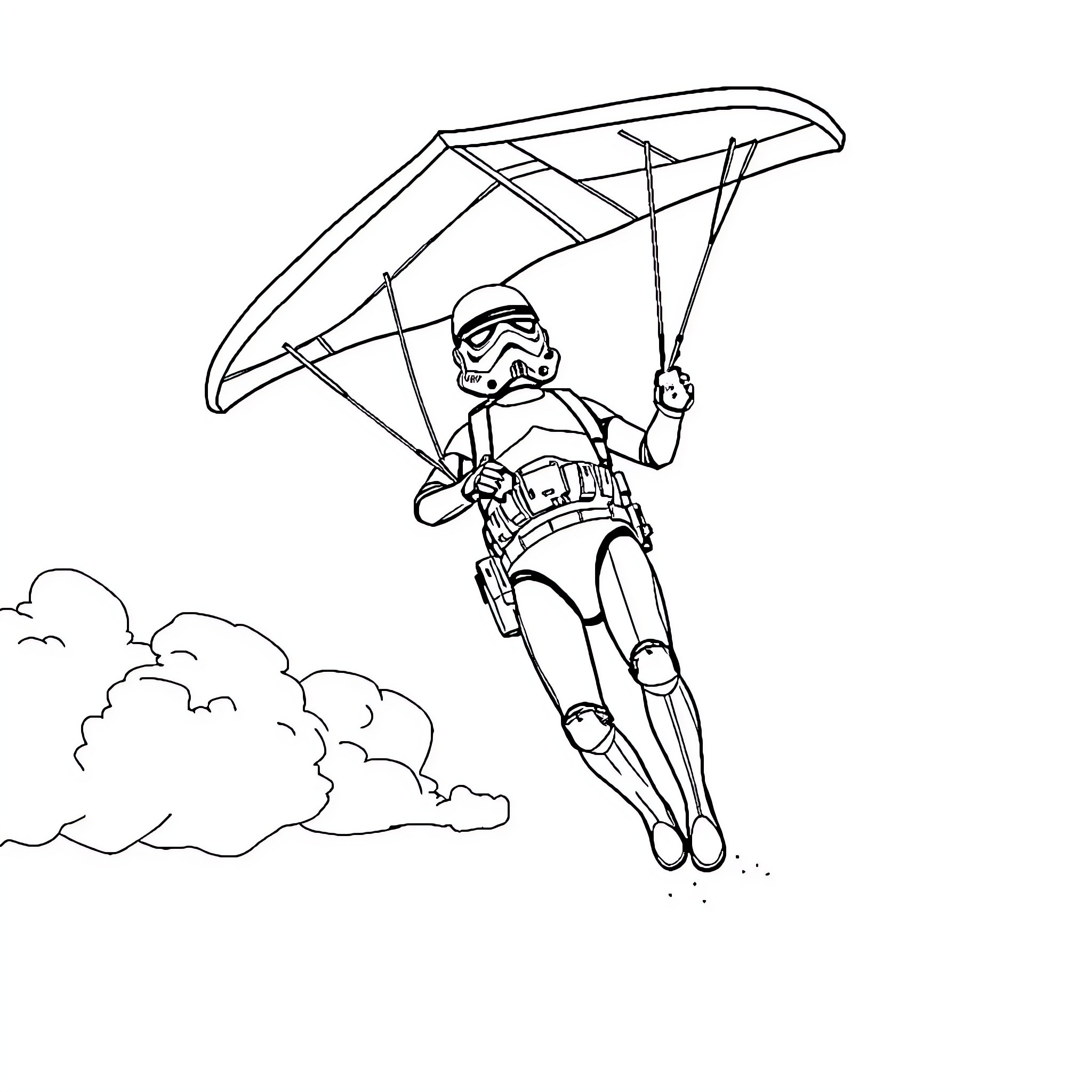 Stormtrooper skydiving with parachute Coloring Page (free black-and-white line drawing printable PDF for all, from beginners to advanced learners, including children, teens, adults, and seniors)