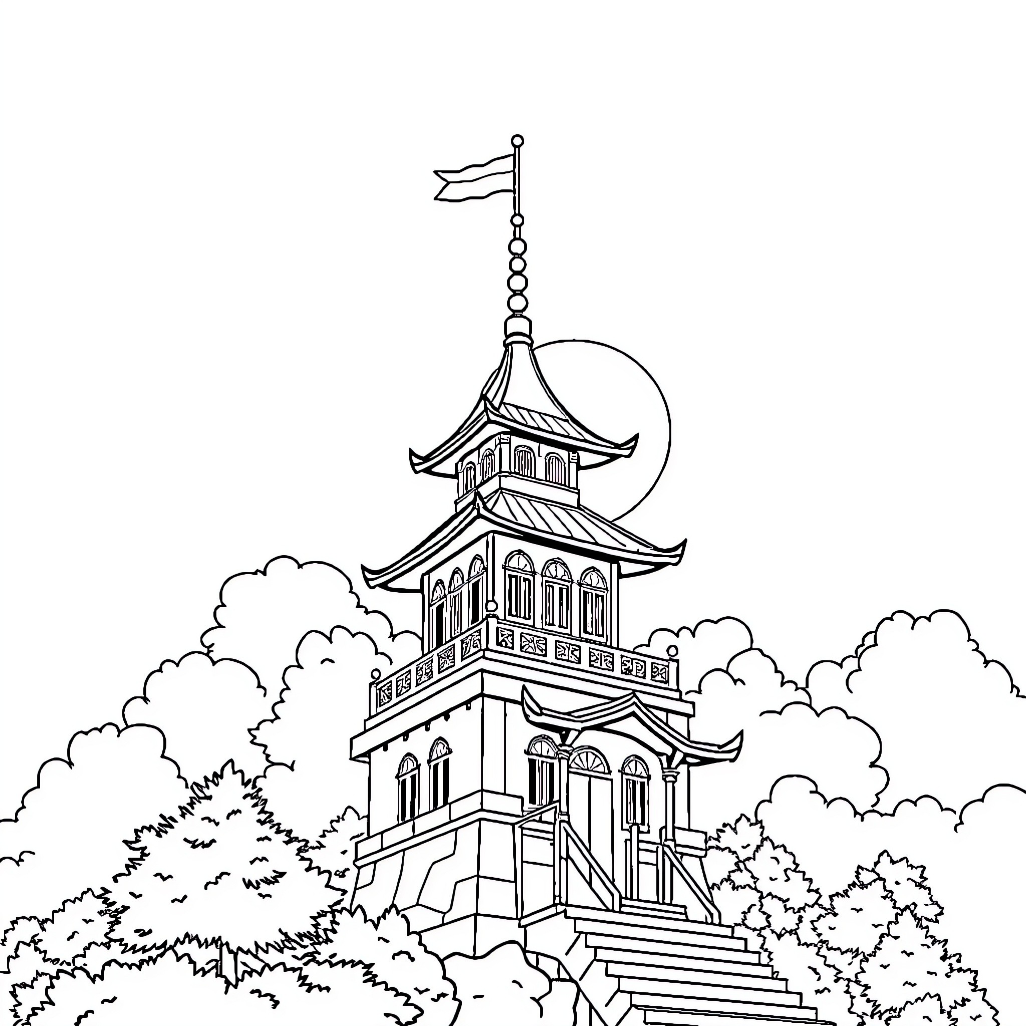 Pemuda exploring the majestic pagoda in the forest Coloring Page (free black-and-white line drawing printable PDF for all, from beginners to advanced learners, including children, teens, adults, and seniors)