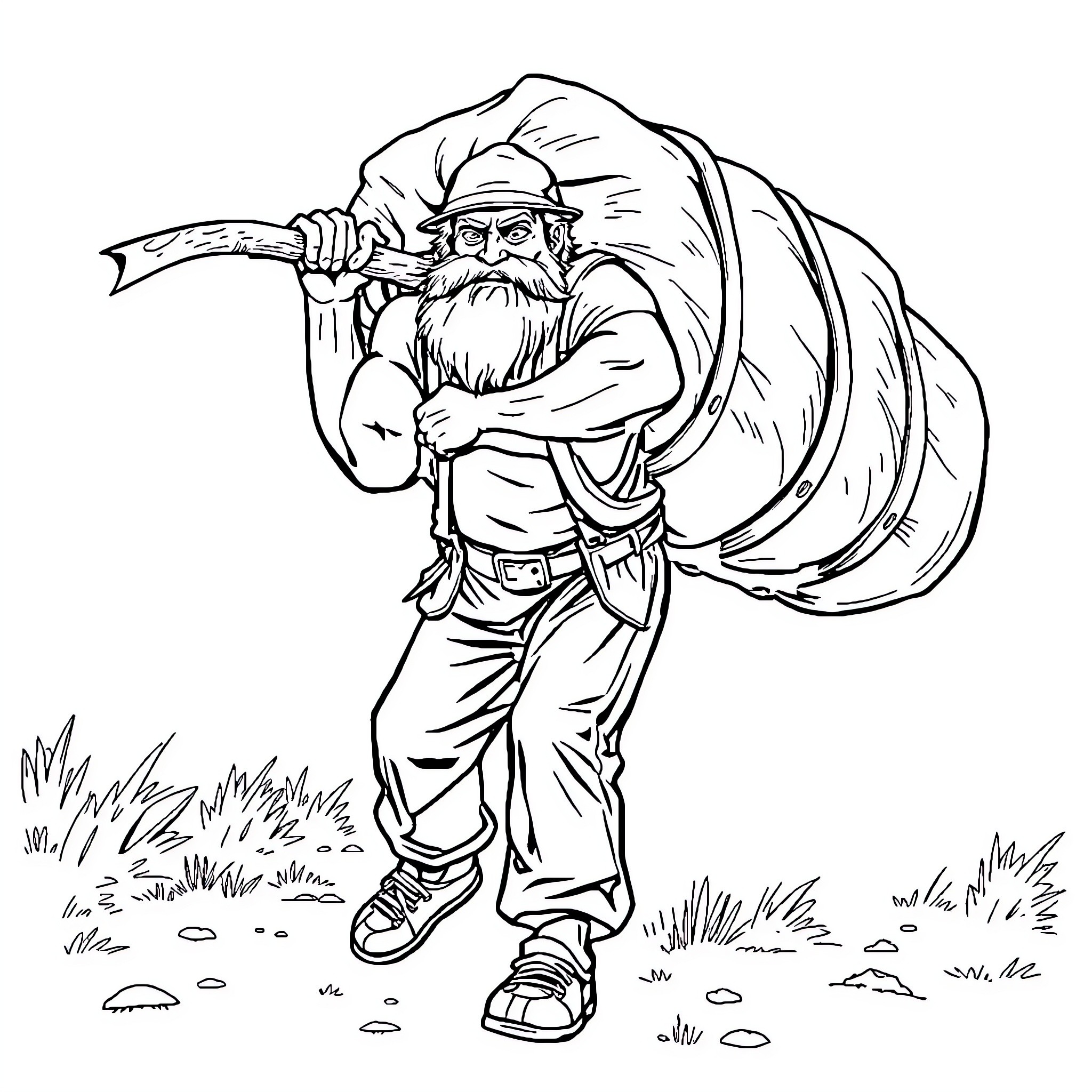 Barcola Prospector with Sack Hiking Through Wilderness Coloring Page (free black-and-white line drawing printable PDF for all, from beginners to advanced learners, including children, teens, adults, and seniors)