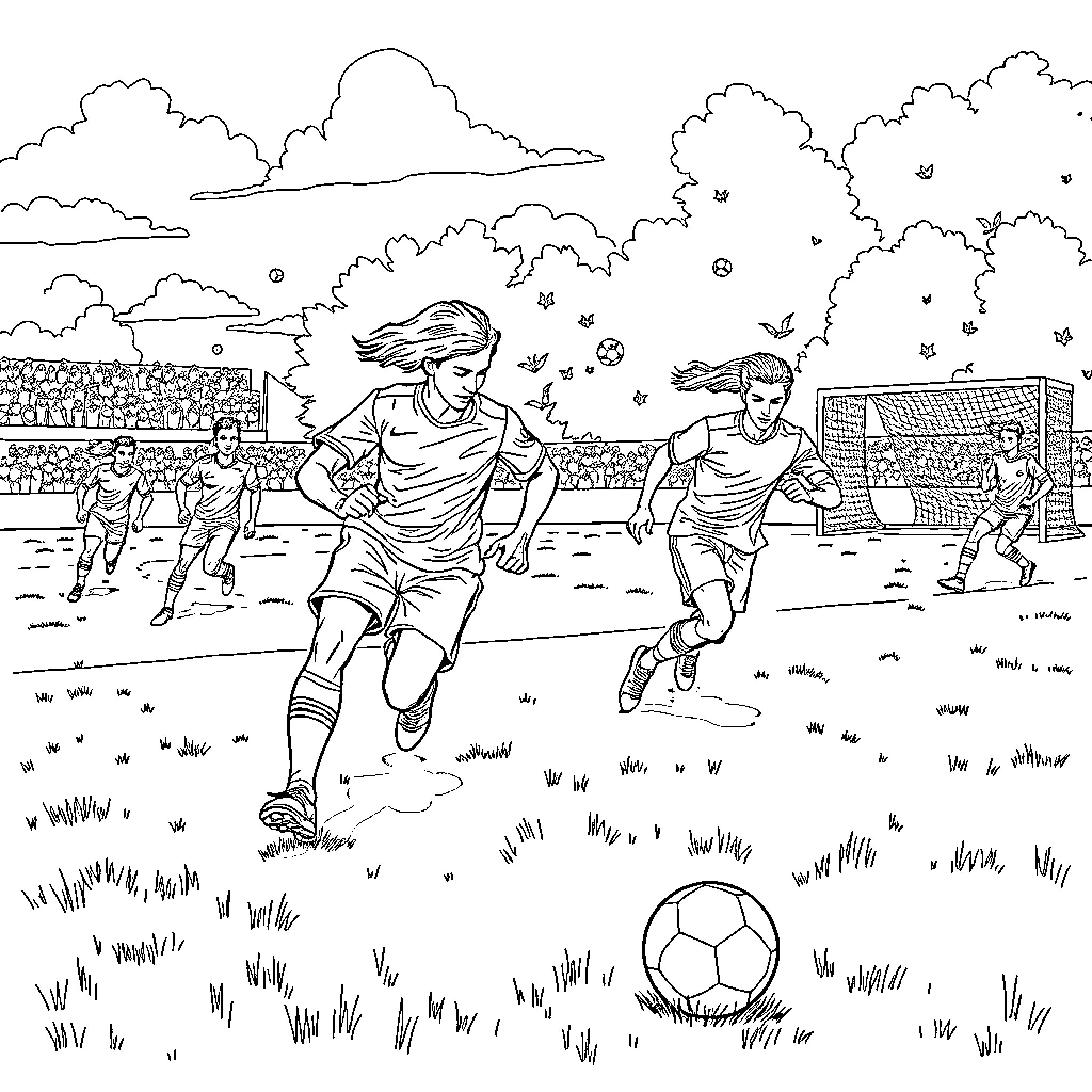 Soccer players competing on the field Coloring Page (free black-and-white line drawing printable PDF for all, from beginners to advanced learners, including children, teens, adults, and seniors)