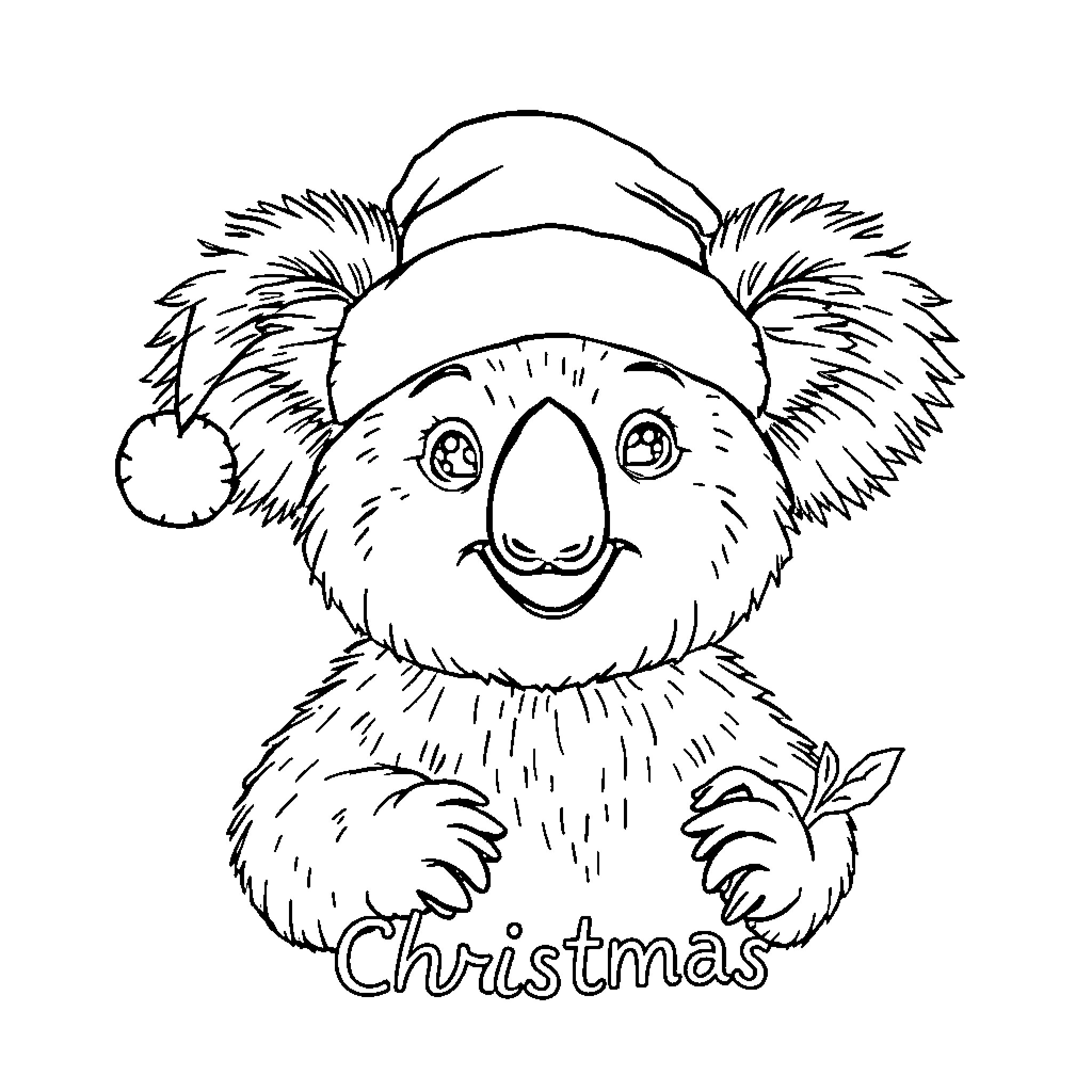Koala wearing a Christmas hat and holding a holiday sign Coloring Page (free black-and-white line drawing printable PDF for all, from beginners to advanced learners, including children, teens, adults, and seniors)