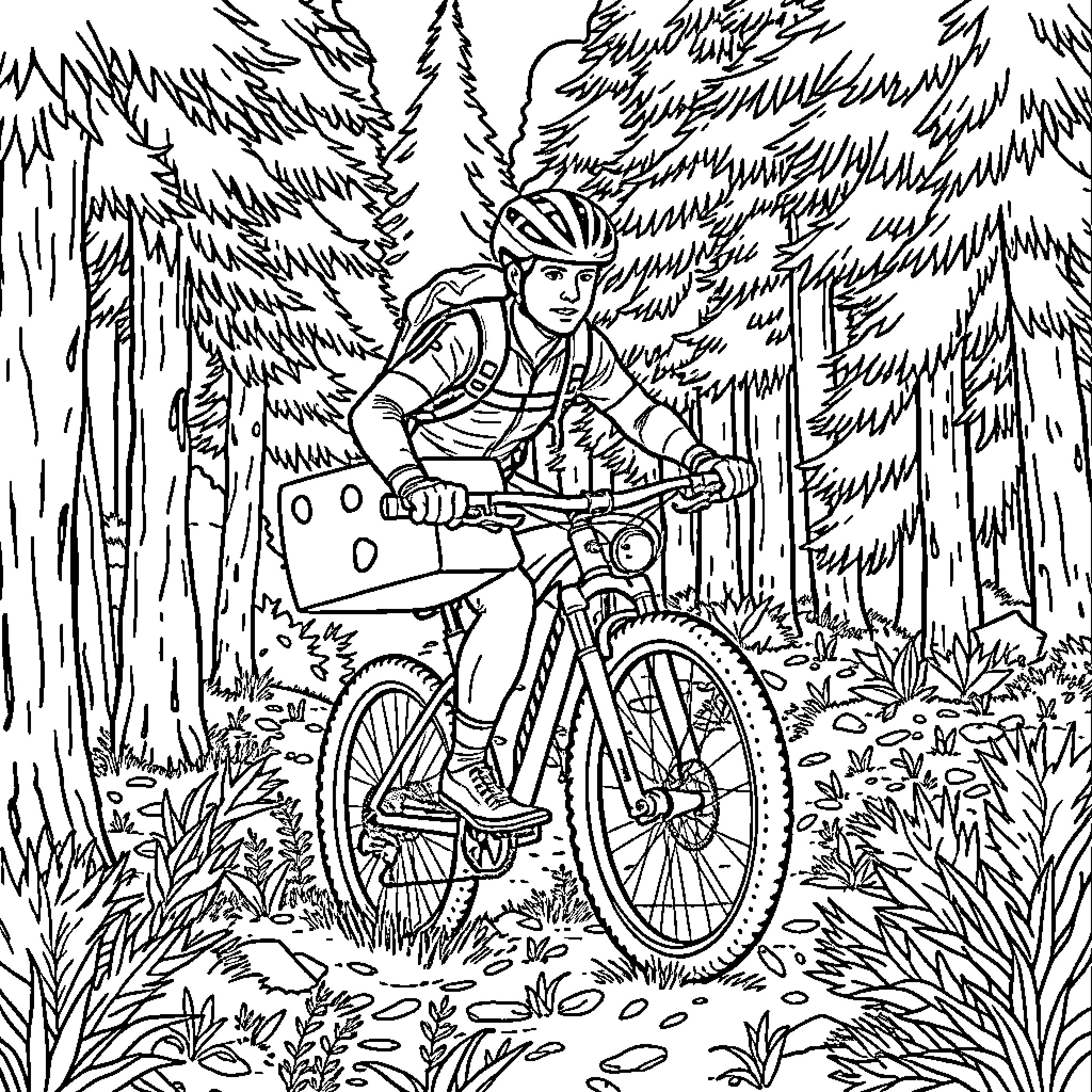Cheddar Cheese Biking Through the Forest Coloring Page (free black-and-white line drawing printable PDF for all, from beginners to advanced learners, including children, teens, adults, and seniors)