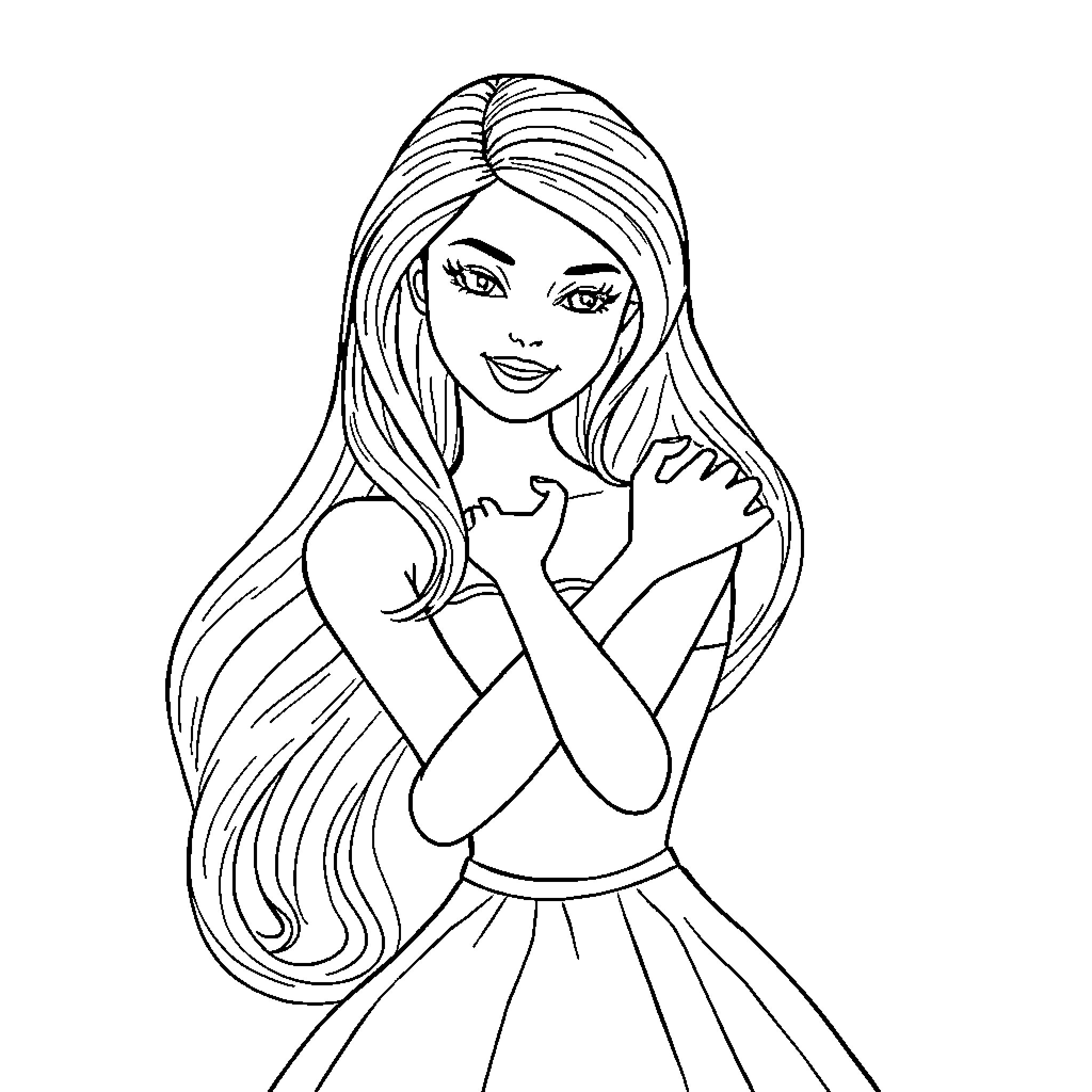 Barbie posing with confident expression Coloring Page (free black-and-white line drawing printable PDF for all, from beginners to advanced learners, including children, teens, adults, and seniors)