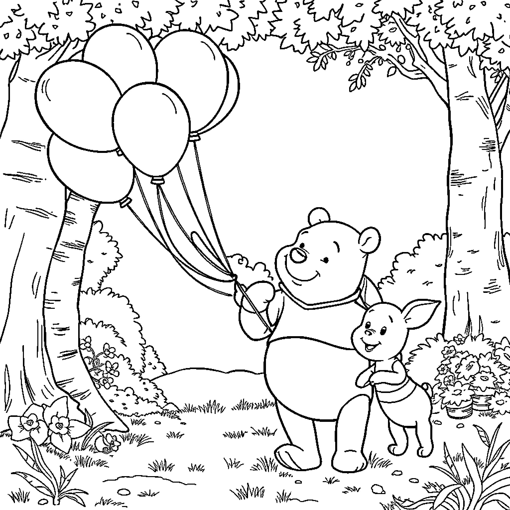 Winnie The Pooh and Piglet playing with balloons in the forest Coloring Page (free black-and-white line drawing printable PDF for all, from beginners to advanced learners, including children, teens, adults, and seniors)