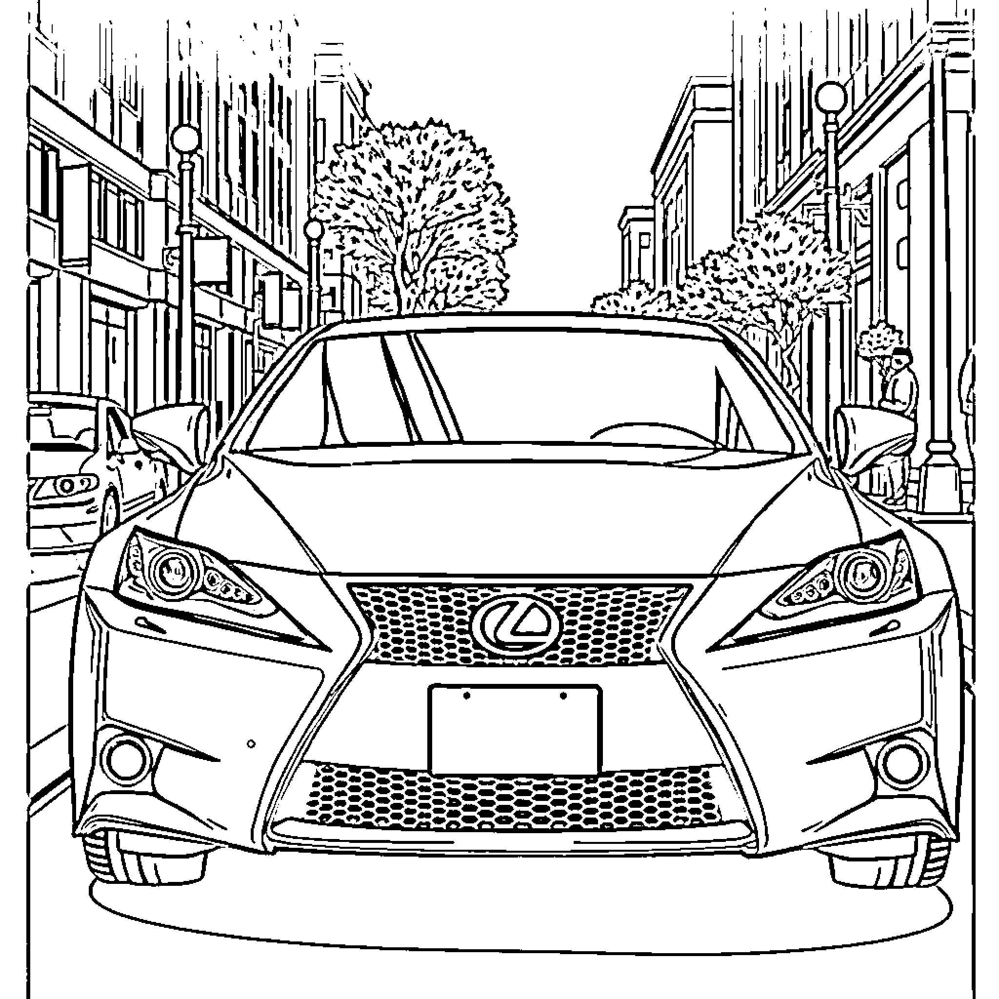 Lexus vehicle in urban city street scene Coloring Page (free black-and-white line drawing printable PDF for all, from beginners to advanced learners, including children, teens, adults, and seniors)