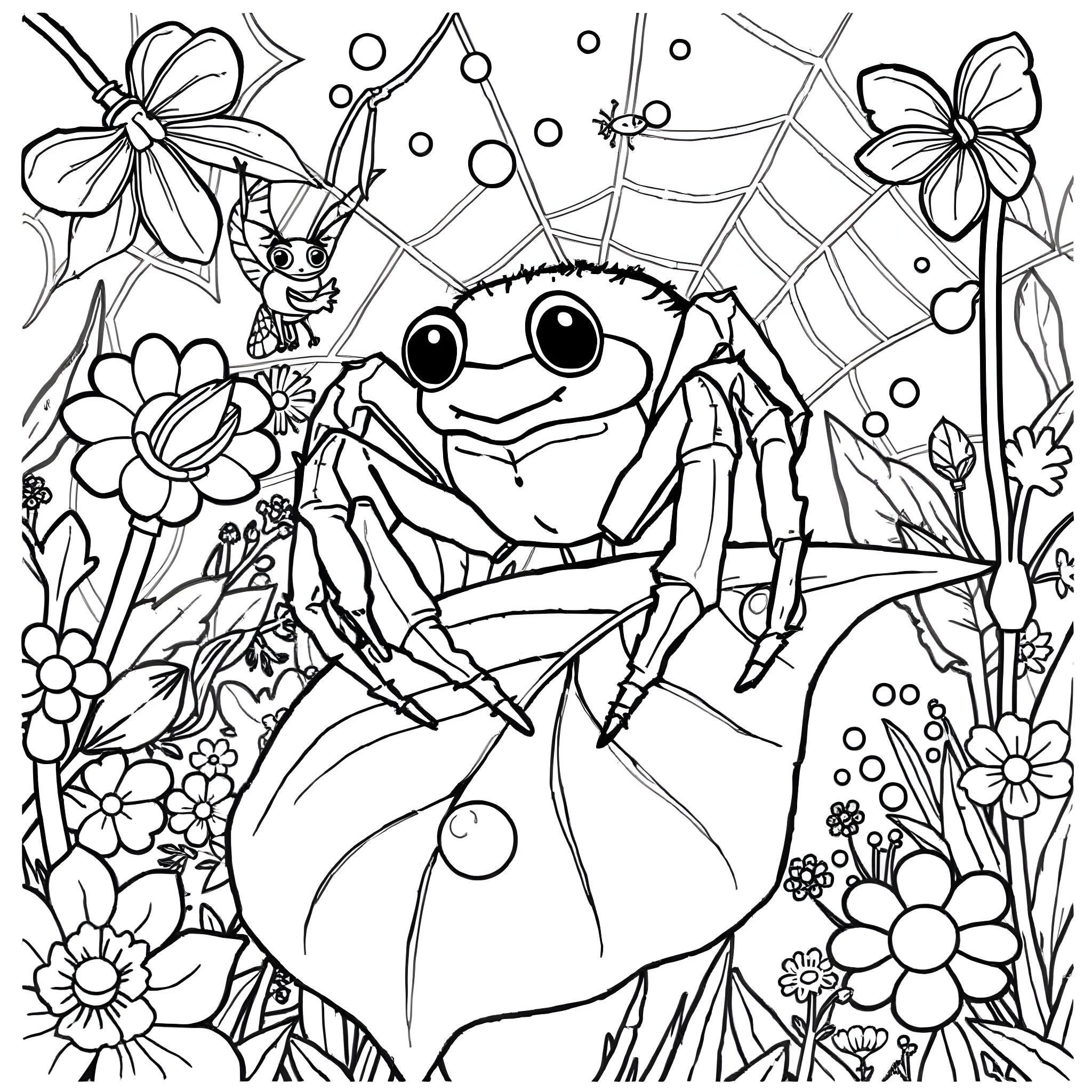 Lucas the Spider Exploring the Floral Garden Coloring Page (free black-and-white line drawing printable PDF for all, from beginners to advanced learners, including children, teens, adults, and seniors)