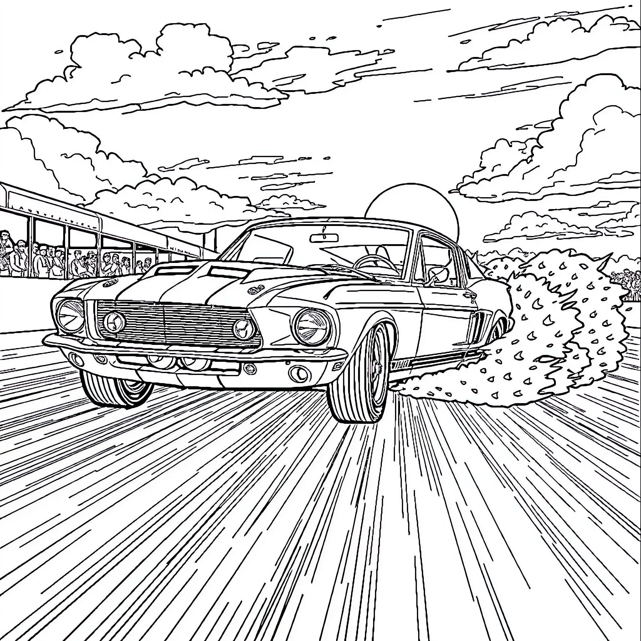 Shelby GT500 racing down the open road Coloring Page (free black-and-white line drawing printable PDF for all, from beginners to advanced learners, including children, teens, adults, and seniors)