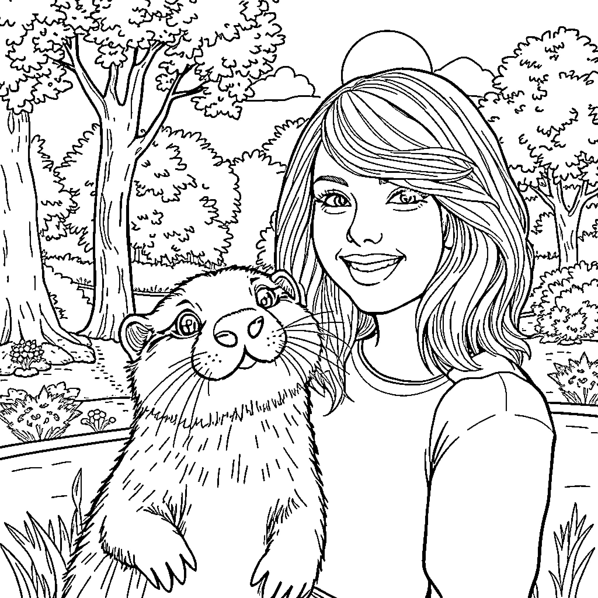 Otter Companions in the Forest Coloring Page (free black-and-white line drawing printable PDF for all, from beginners to advanced learners, including children, teens, adults, and seniors)