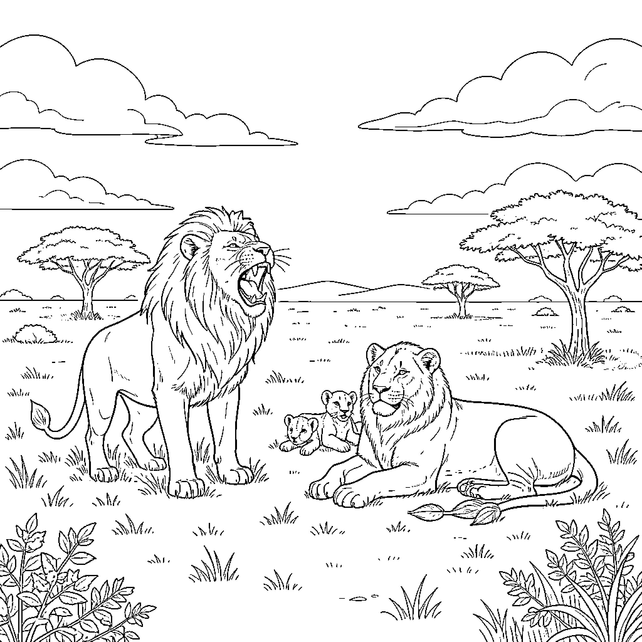 Lion roaring while family rests in the savanna Coloring Page (free black-and-white line drawing printable PDF for all, from beginners to advanced learners, including children, teens, adults, and seniors)
