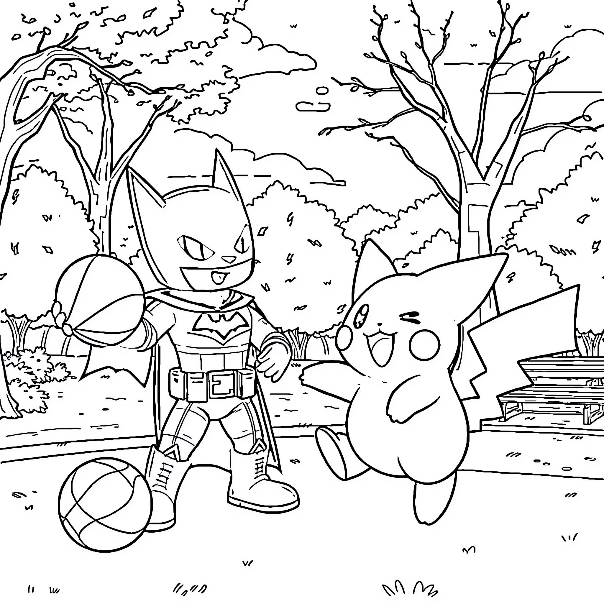 Chansey playing with Batman-like character in the park Coloring Page (free black-and-white line drawing printable PDF for all, from beginners to advanced learners, including children, teens, adults, and seniors)