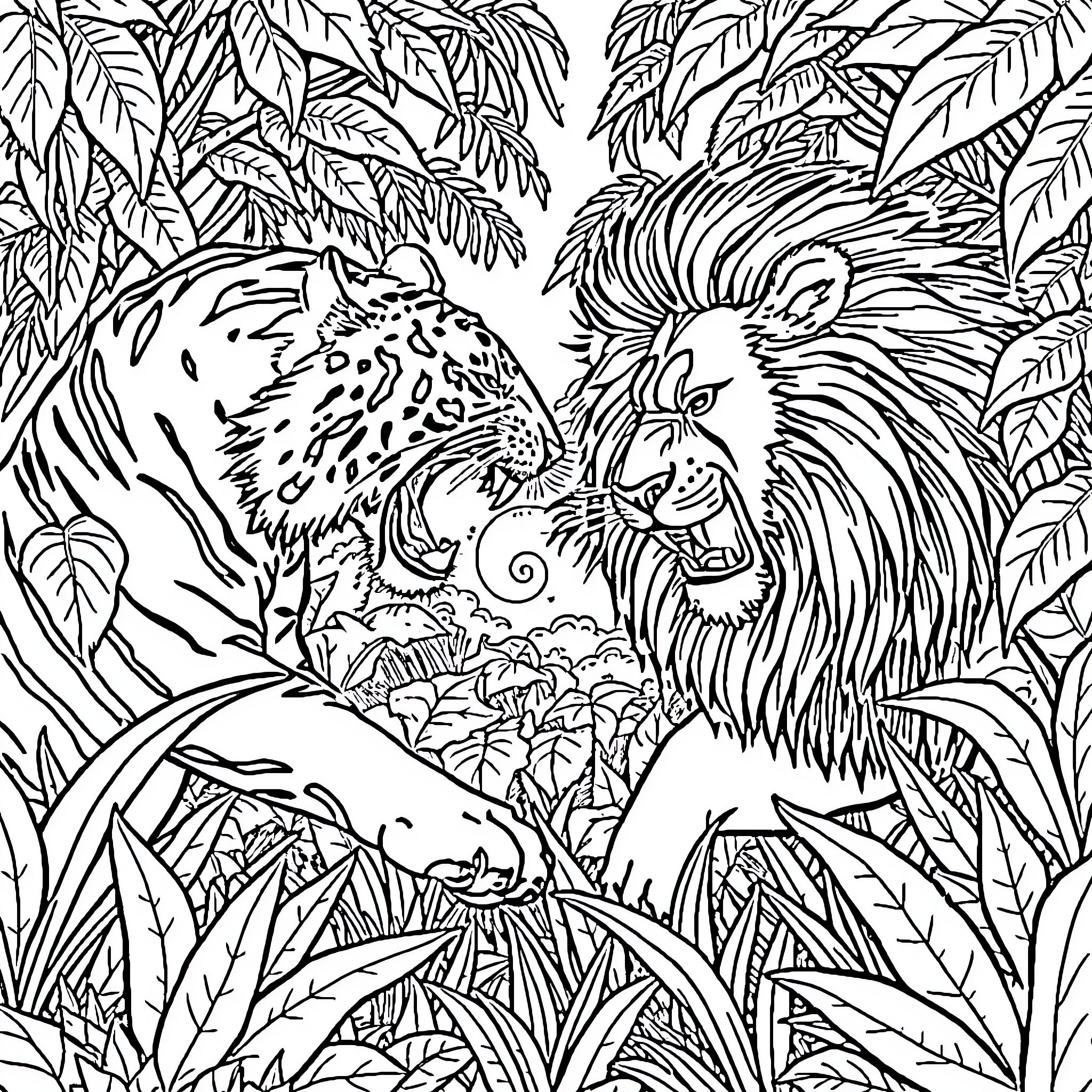 Tiger vs Lion in Jungle Confrontation Coloring Page (free black-and-white line drawing printable PDF for all, from beginners to advanced learners, including children, teens, adults, and seniors)