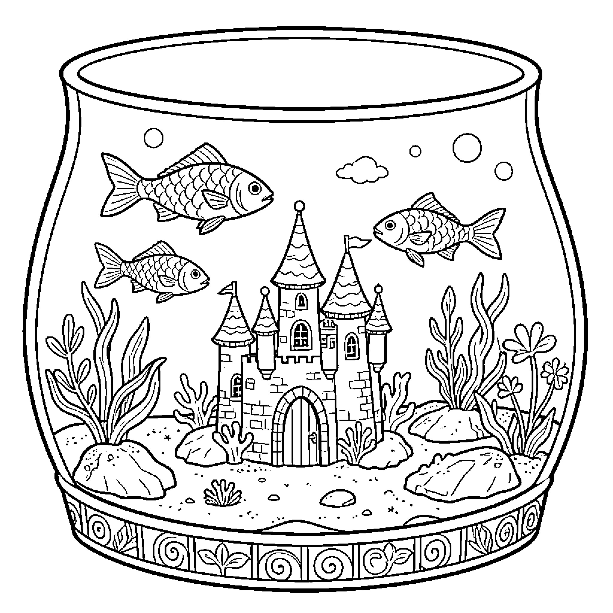 Fish swimming inside a magical castle fishbowl Coloring Page (free black-and-white line drawing printable PDF for all, from beginners to advanced learners, including children, teens, adults, and seniors)
