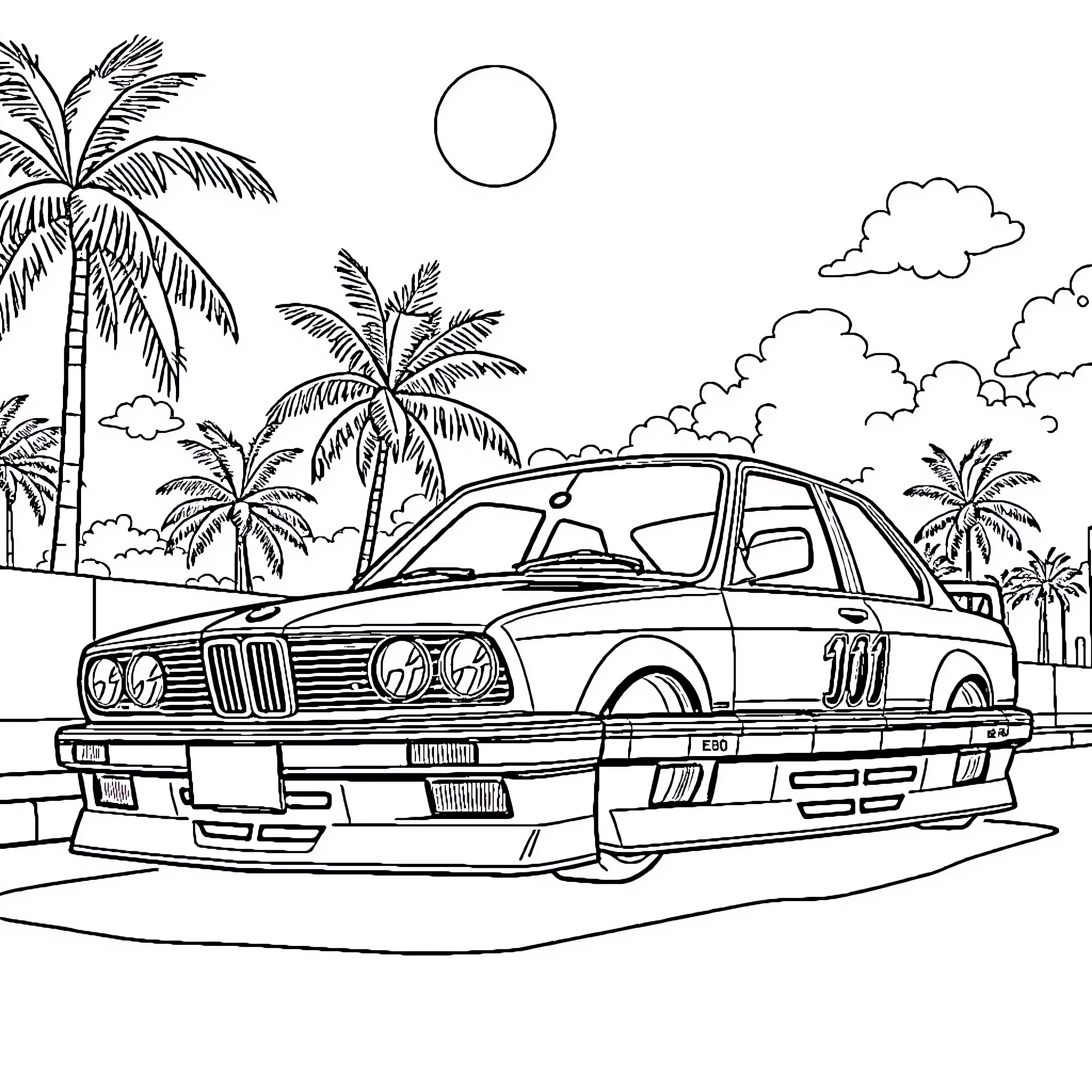 BMW on a tropical beach adventure Coloring Page (free black-and-white line drawing printable PDF for all, from beginners to advanced learners, including children, teens, adults, and seniors)