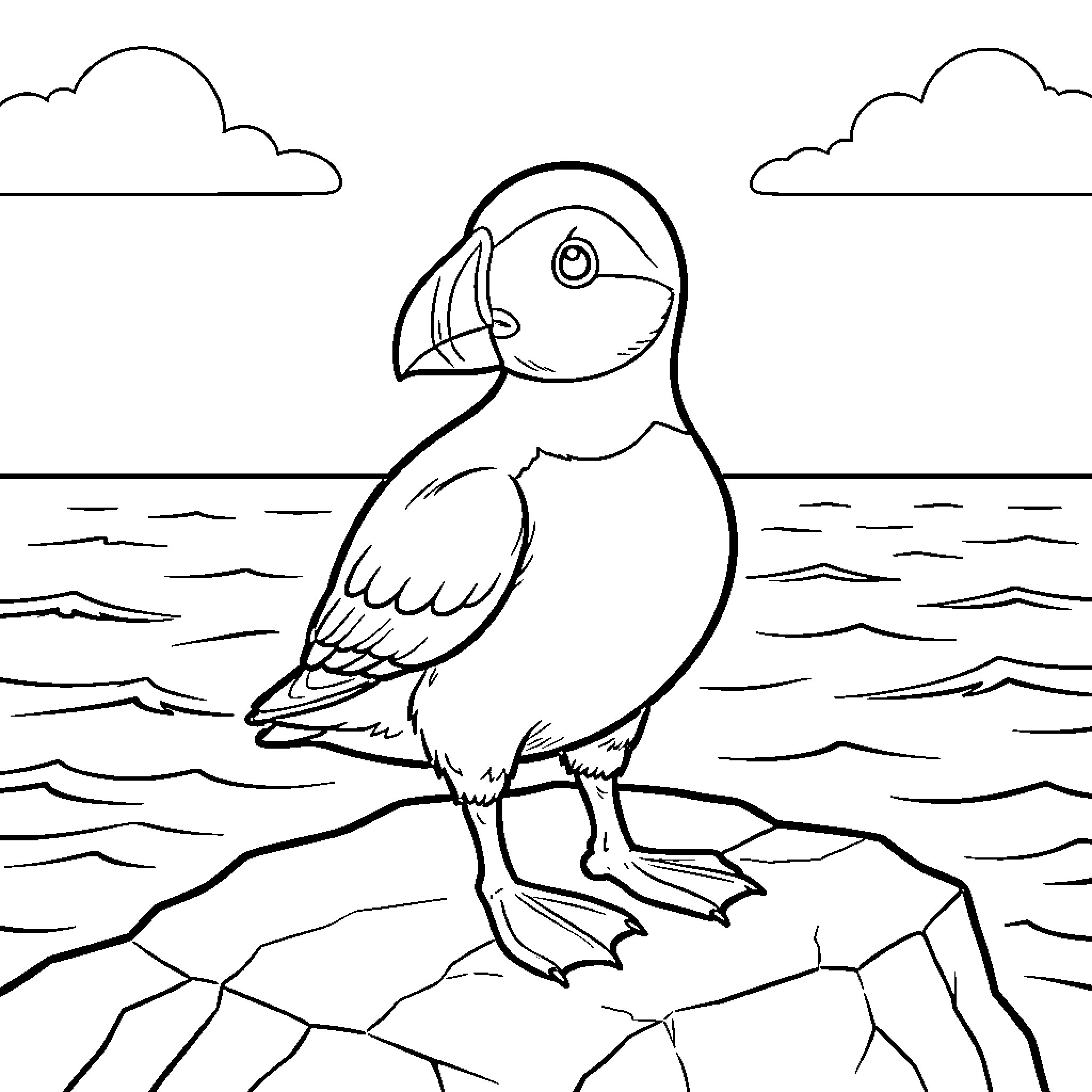Puffin standing on a rock by the sea Coloring Page (free black-and-white line drawing printable PDF for all, from beginners to advanced learners, including children, teens, adults, and seniors)