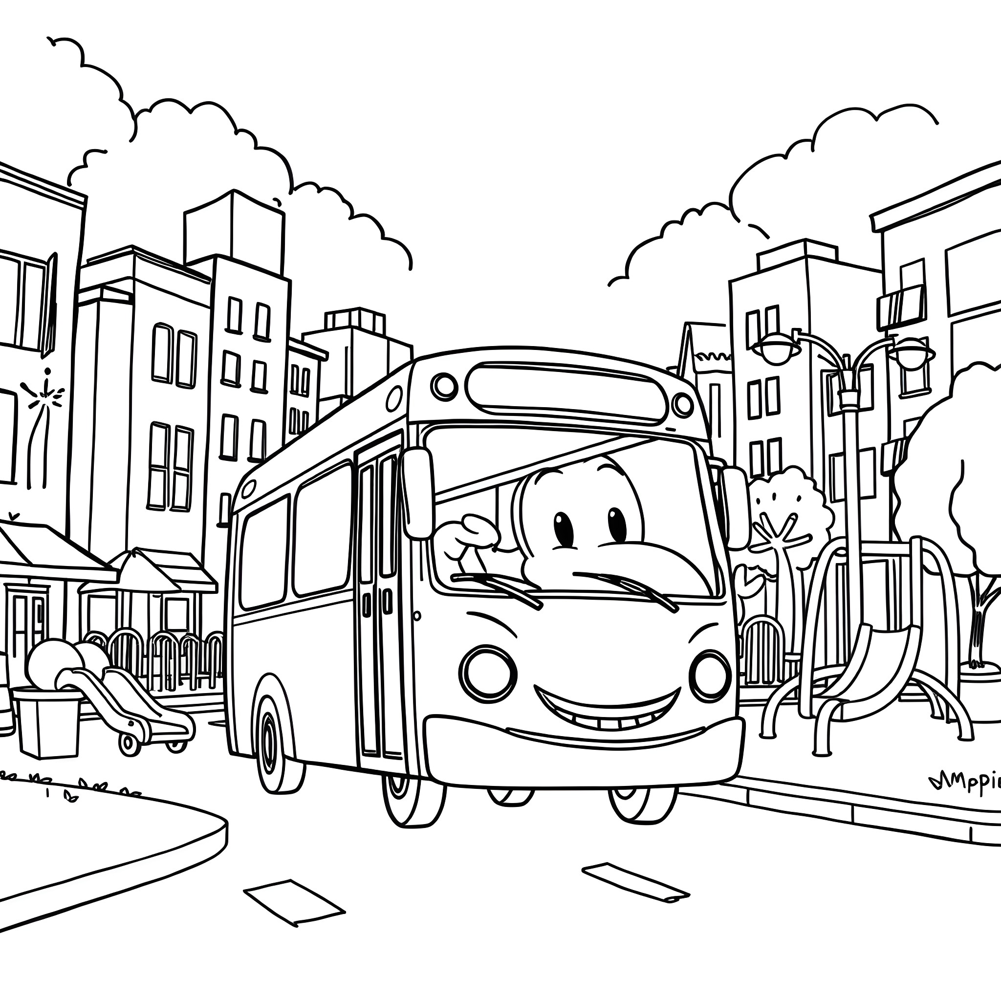Tayo the Cheerful Bus Exploring the City Coloring Page (free black-and-white line drawing printable PDF for all, from beginners to advanced learners, including children, teens, adults, and seniors)