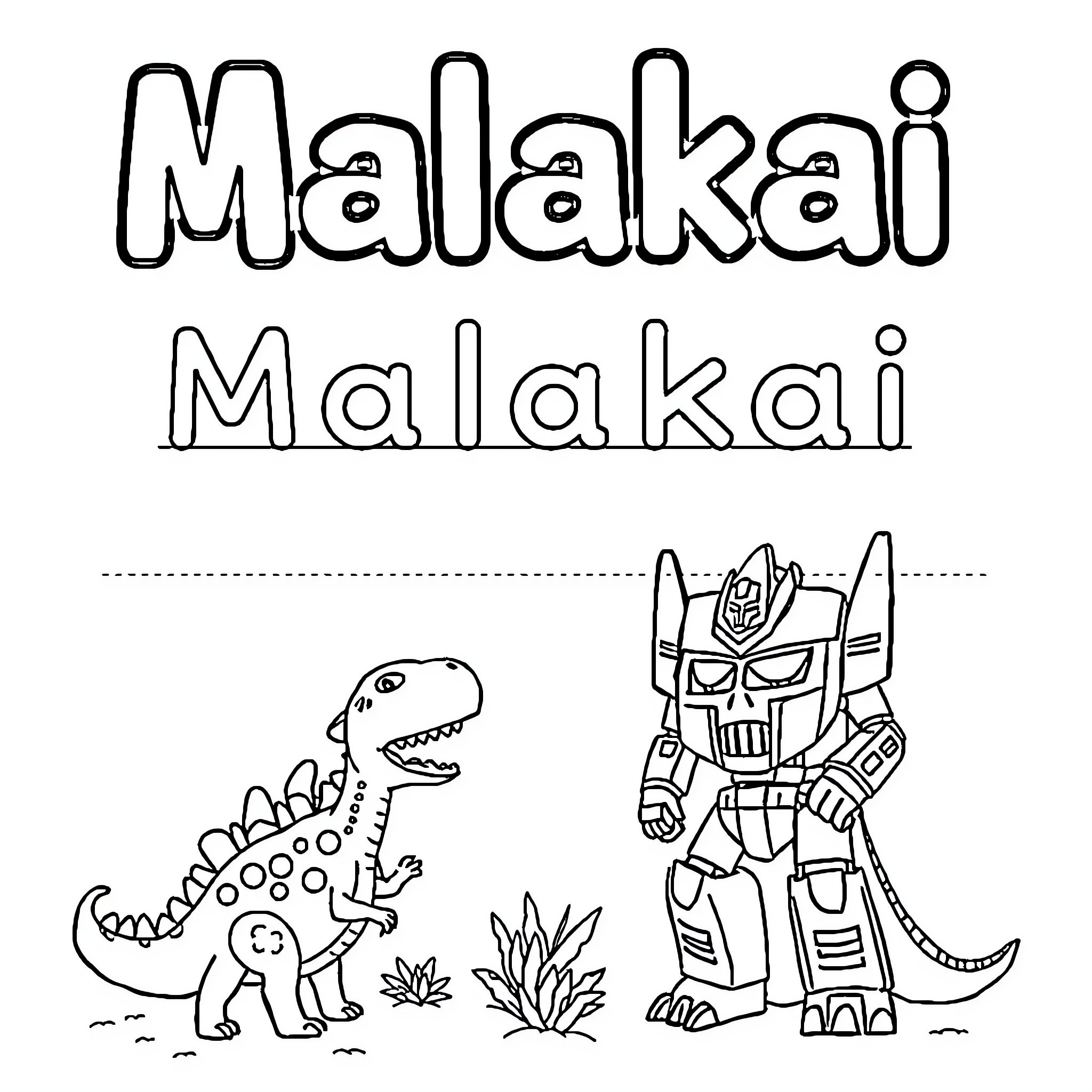 Dinosaur and robot characters playing in nature Coloring Page (free black-and-white line drawing printable PDF for all, from beginners to advanced learners, including children, teens, adults, and seniors)