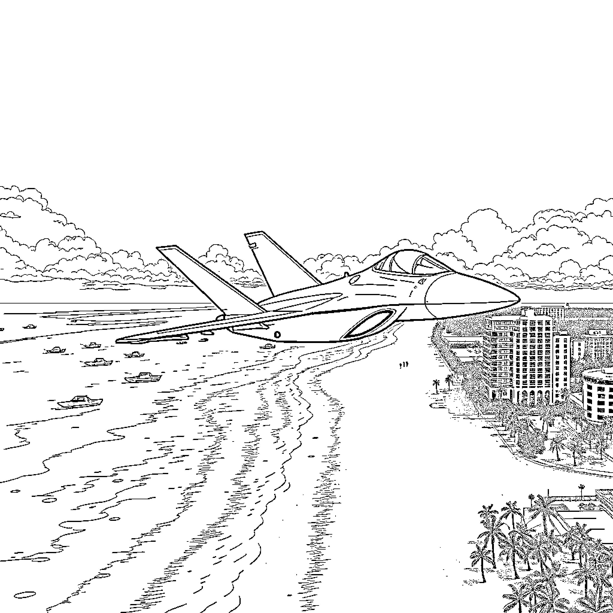 F22 jet fighter soaring over cityscape and coastline Coloring Page (free black-and-white line drawing printable PDF for all, from beginners to advanced learners, including children, teens, adults, and seniors)