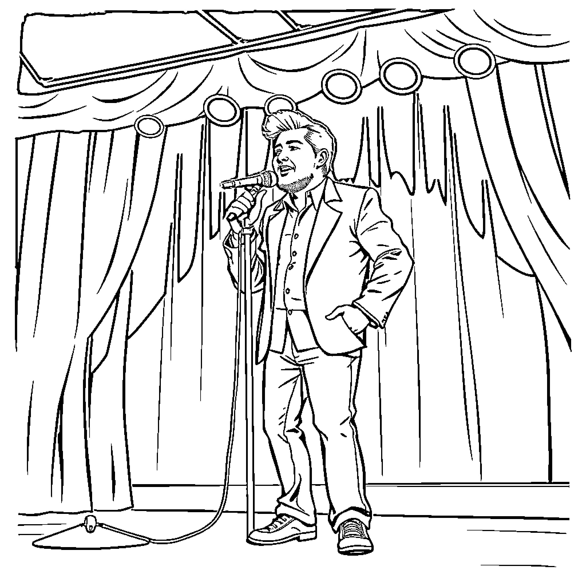 Benson Boone performing on stage with microphone Coloring Page (free black-and-white line drawing printable PDF for all, from beginners to advanced learners, including children, teens, adults, and seniors)