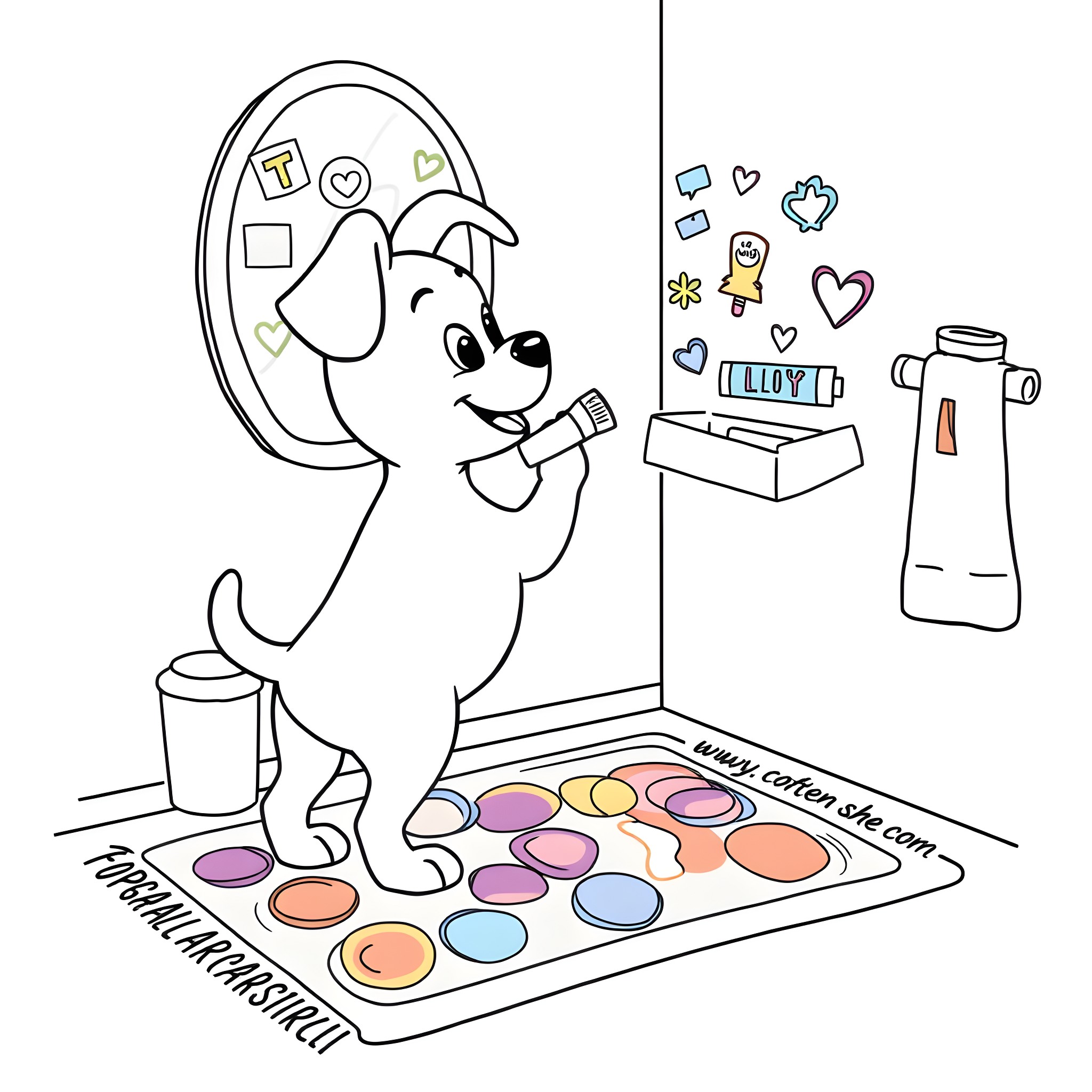 Bluey playing with art supplies and decorations Coloring Page (free black-and-white line drawing printable PDF for all, from beginners to advanced learners, including children, teens, adults, and seniors)