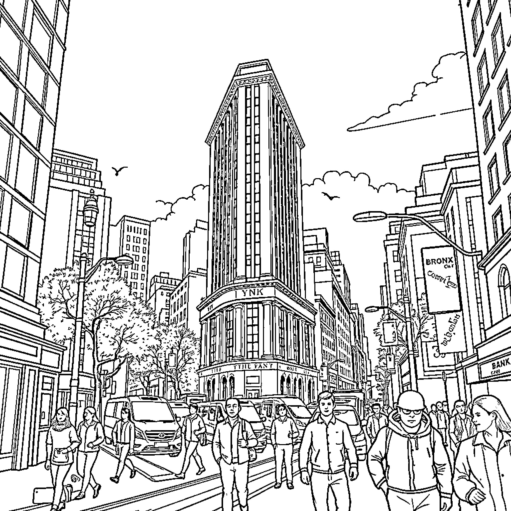Bronx City Scenes: People Bustling Through the Streets Coloring Page (free black-and-white line drawing printable PDF for all, from beginners to advanced learners, including children, teens, adults, and seniors)