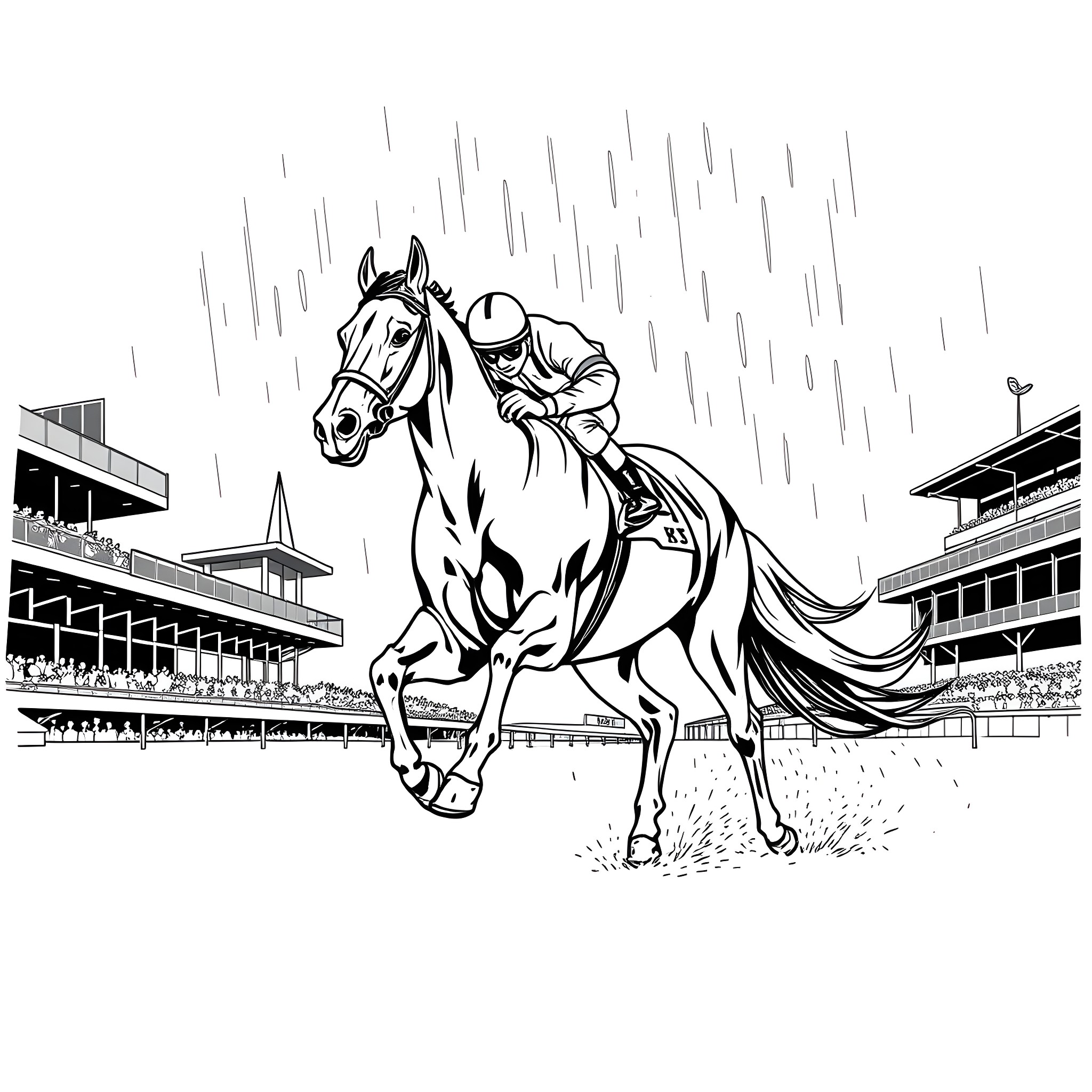 Horse racing in the rain Coloring Page (free black-and-white line drawing printable PDF for all, from beginners to advanced learners, including children, teens, adults, and seniors)