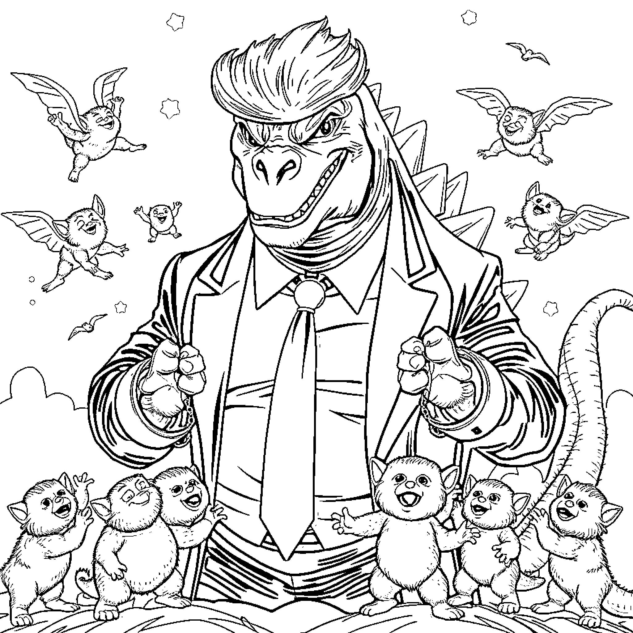 Godzilla's Monstrous Encounter with Playful Gremlins Coloring Page (free black-and-white line drawing printable PDF for all, from beginners to advanced learners, including children, teens, adults, and seniors)