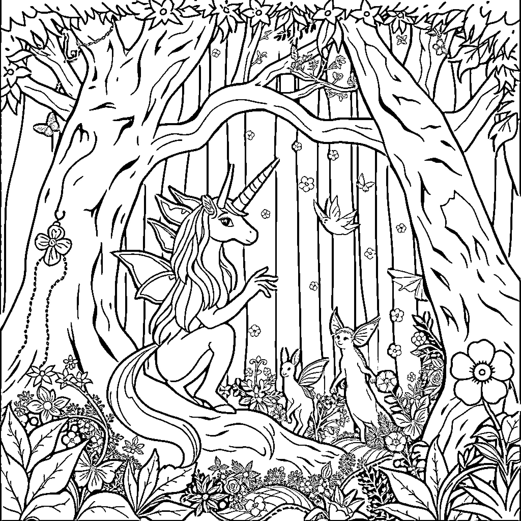 Unicorn in Enchanting Forest Sanctuary Coloring Page (free black-and-white line drawing printable PDF for all, from beginners to advanced learners, including children, teens, adults, and seniors)