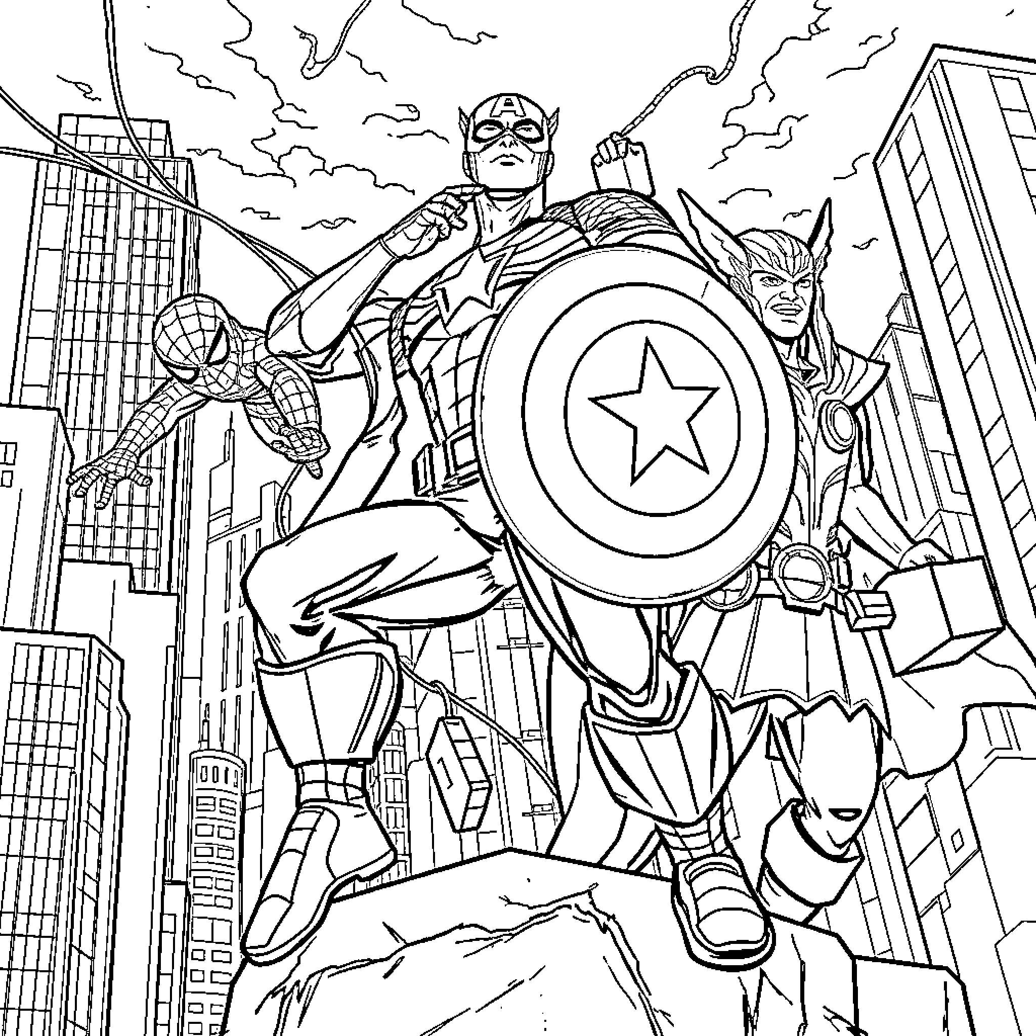 Superhero trio battling in the city Coloring Page (free black-and-white line drawing printable PDF for all, from beginners to advanced learners, including children, teens, adults, and seniors)
