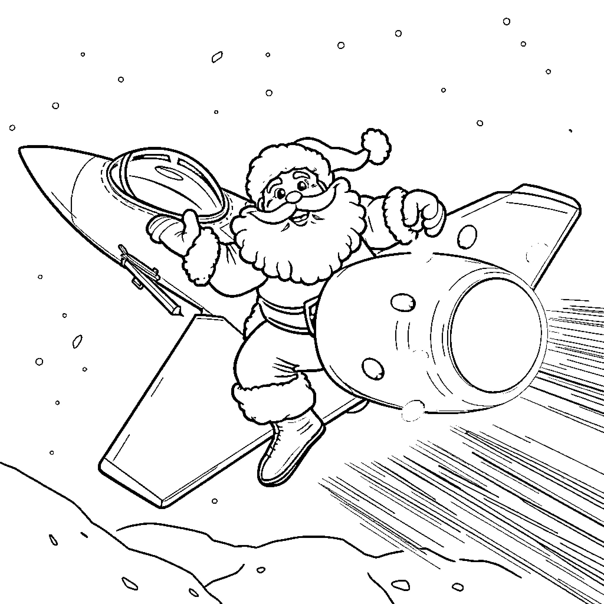 Santa rides a rocket through snowy space Coloring Page (free black-and-white line drawing printable PDF for all, from beginners to advanced learners, including children, teens, adults, and seniors)