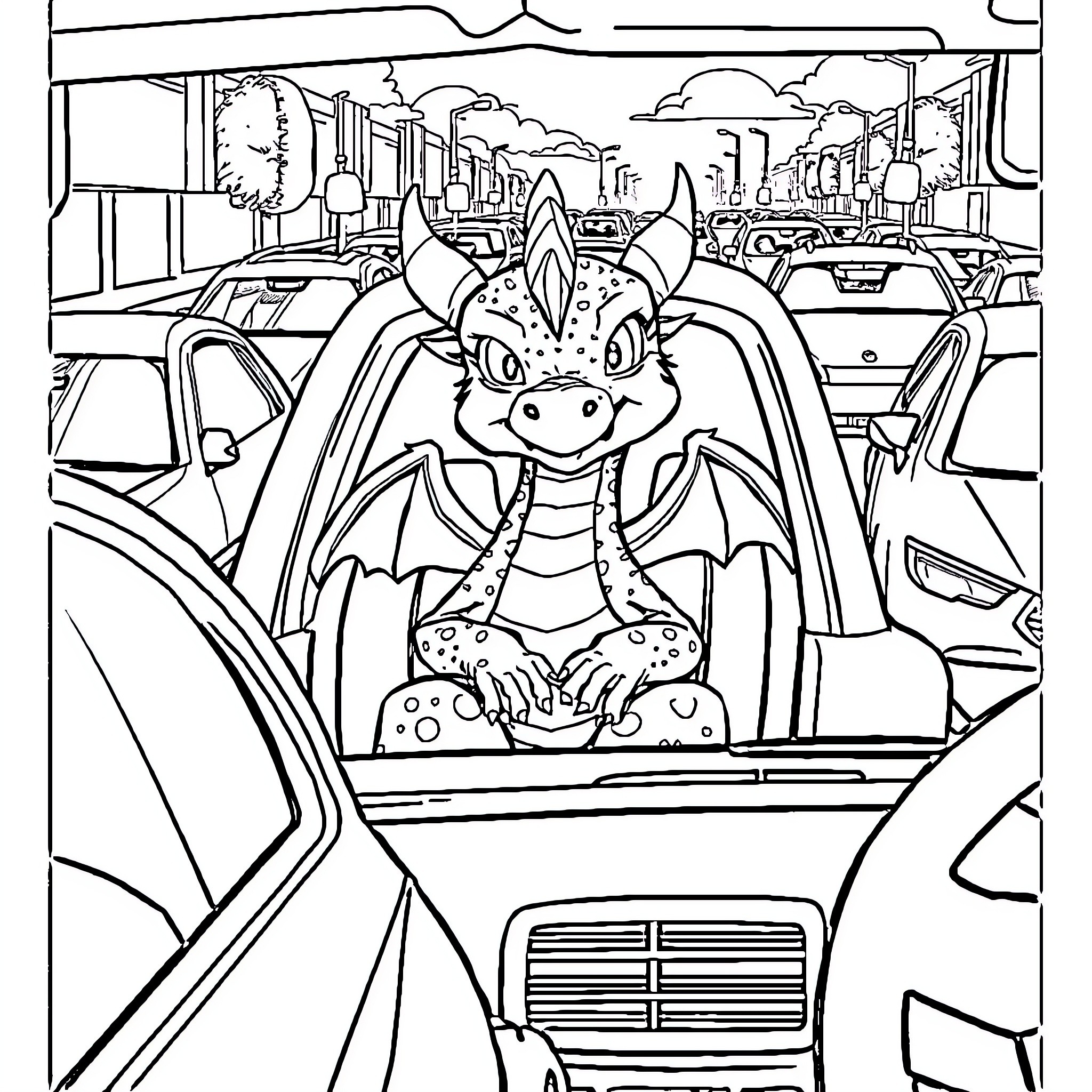 Dragon riding in a car through the city Coloring Page (free black-and-white line drawing printable PDF for all, from beginners to advanced learners, including children, teens, adults, and seniors)