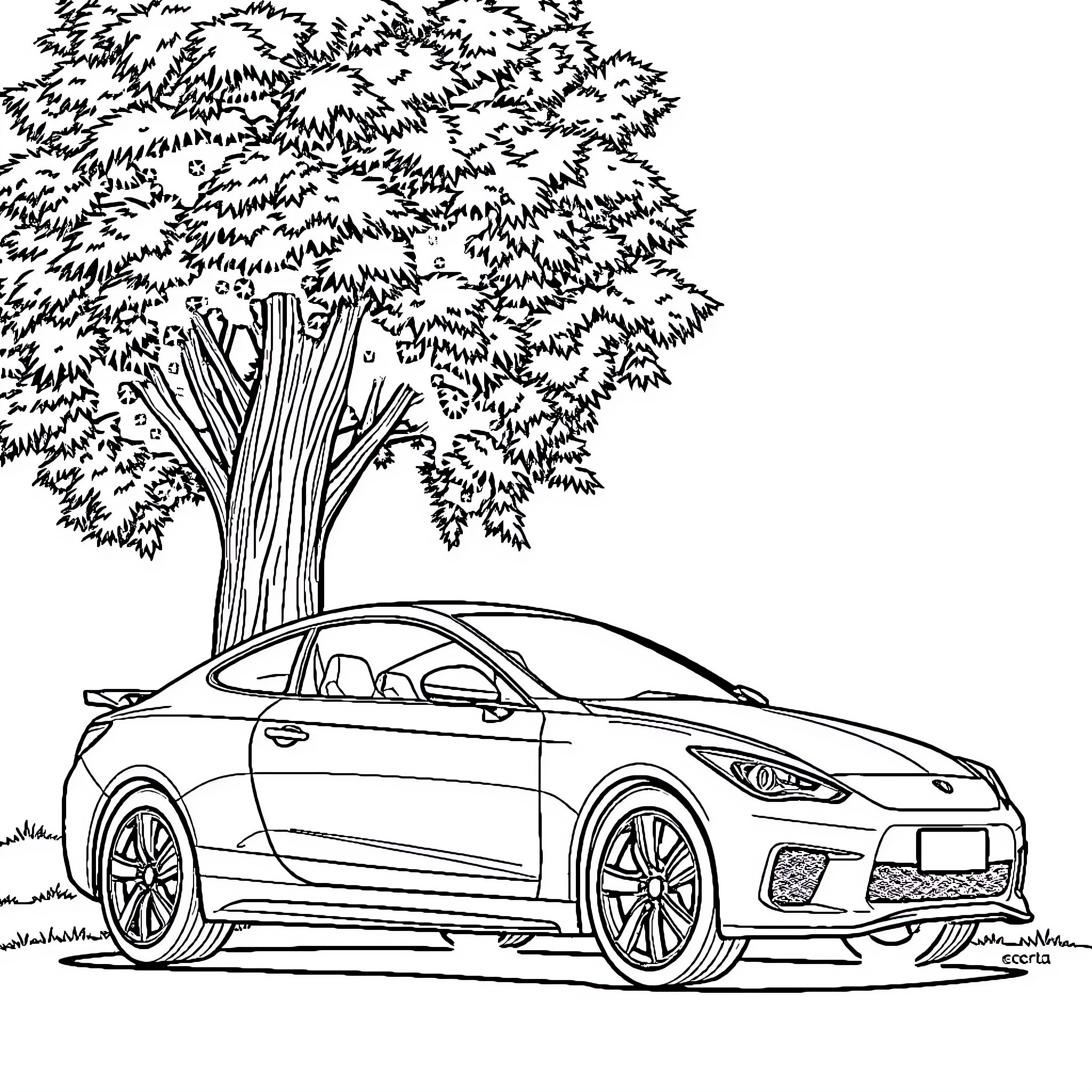 Car parked under leafy tree Coloring Page (free black-and-white line drawing printable PDF for all, from beginners to advanced learners, including children, teens, adults, and seniors)