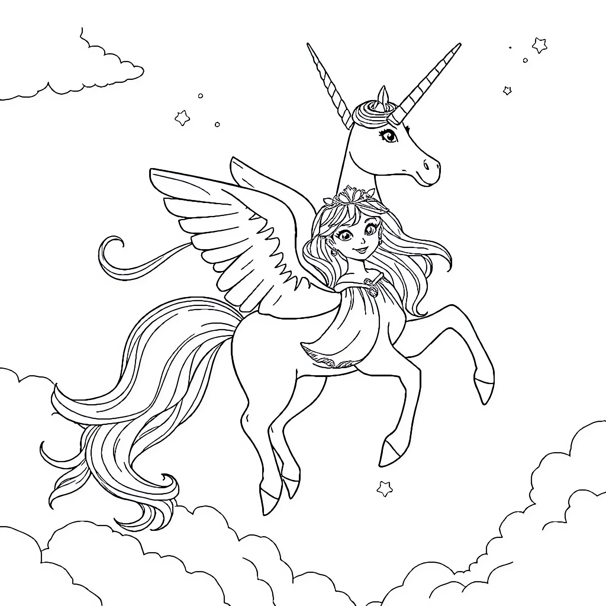 Unicorn flying with a winged girl Coloring Page (free black-and-white line drawing printable PDF for all, from beginners to advanced learners, including children, teens, adults, and seniors)