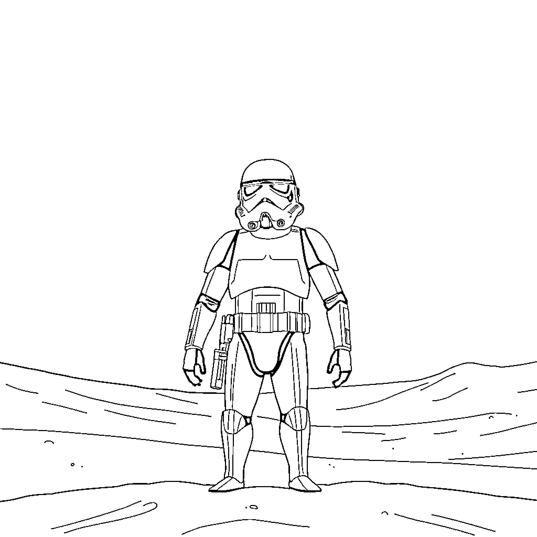 Stormtrooper Stands Alone in Barren Landscape Coloring Page (free black-and-white line drawing printable PDF for all, from beginners to advanced learners, including children, teens, adults, and seniors)